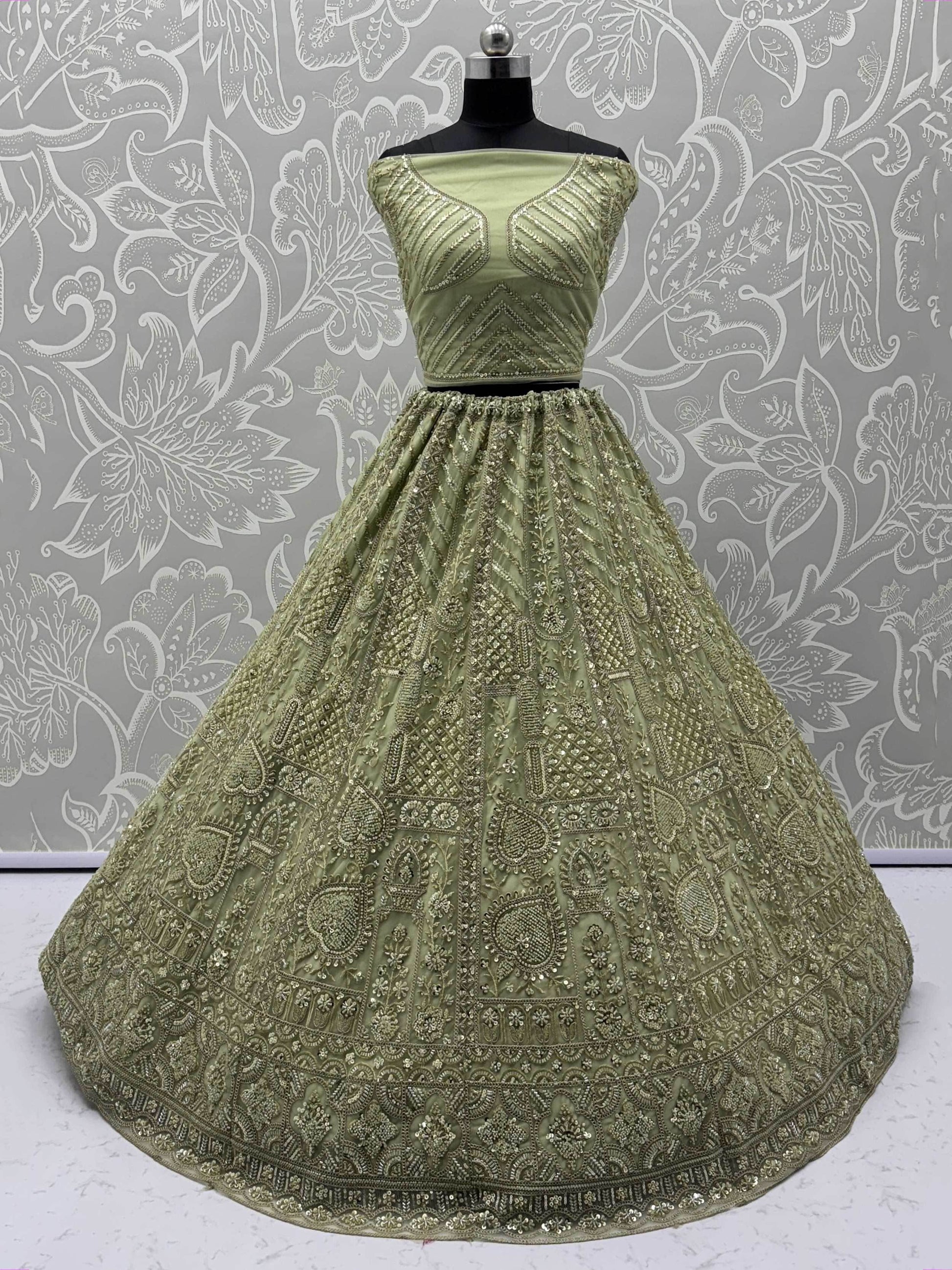 Fabulous Olive Green Heavy Embroidered Net Mehendi Wear Lehenga Choli - Zeel Clothing