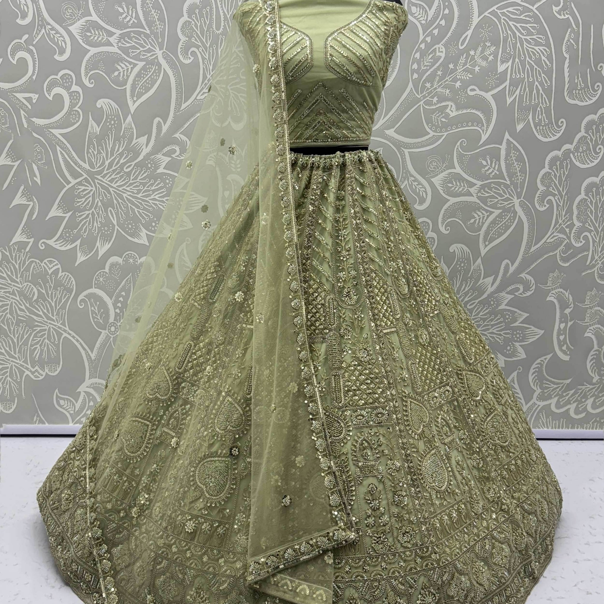 Fabulous Olive Green Heavy Embroidered Net Mehendi Wear Lehenga Choli - Zeel Clothing