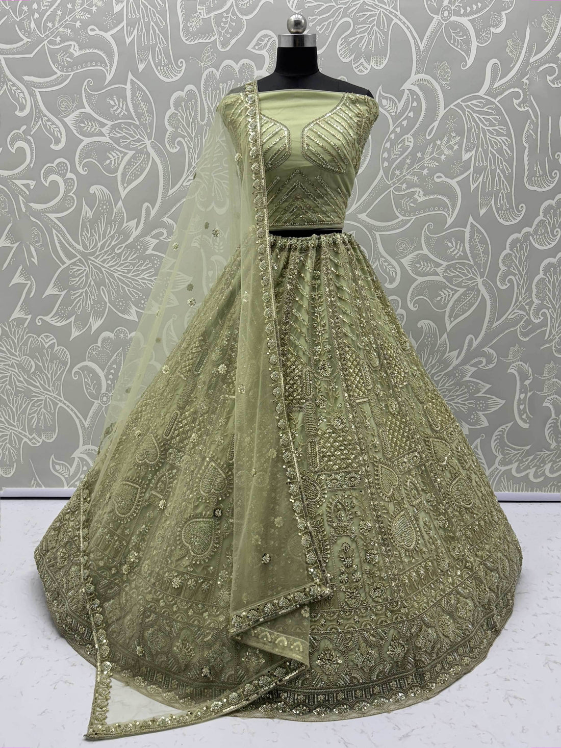 Fabulous Olive Green Heavy Embroidered Net Mehendi Wear Lehenga Choli - Zeel Clothing