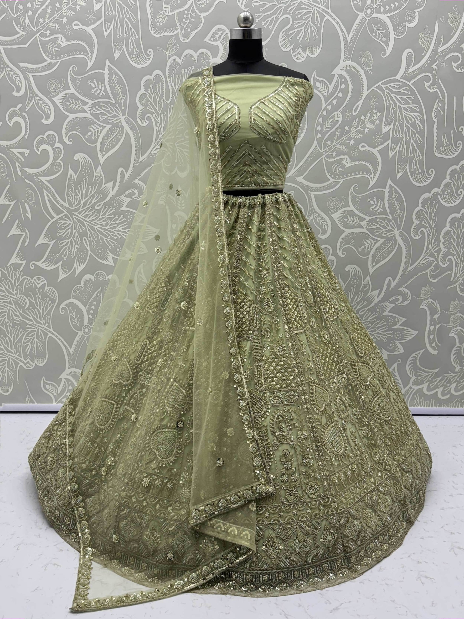 Fabulous Olive Green Heavy Embroidered Net Mehendi Wear Lehenga Choli - Zeel Clothing