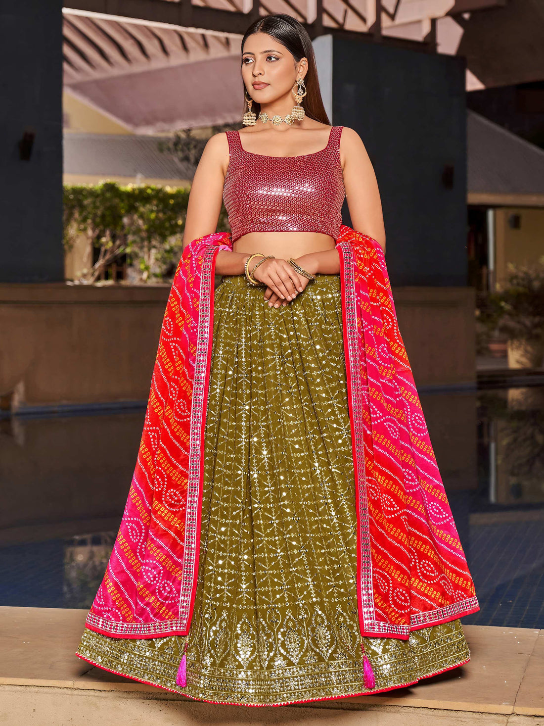 Fabulous Olive Green Sequins Georgette Lehenga Choli With Dupatta