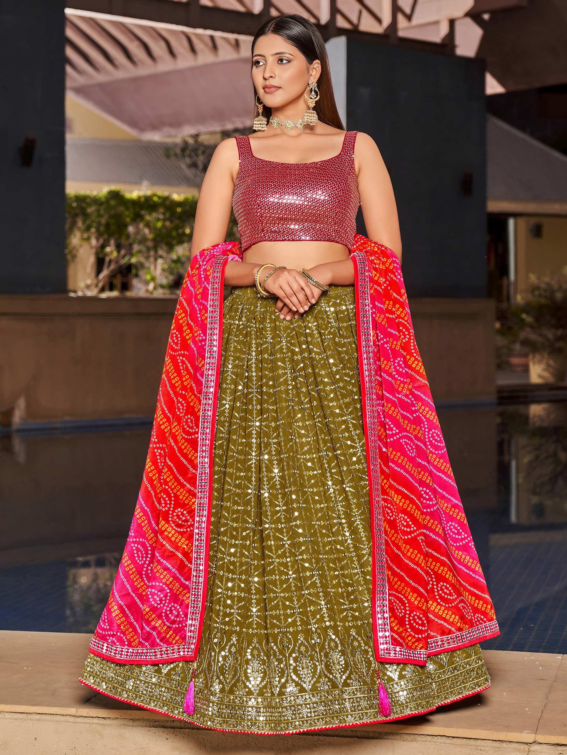 Fabulous Olive Green Sequins Georgette Lehenga Choli With Dupatta