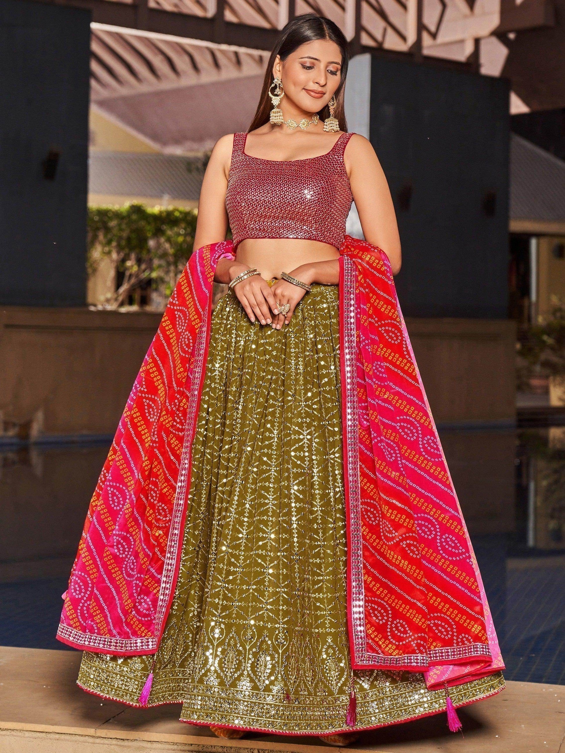 Fabulous Olive Green Sequins Georgette Lehenga Choli With Dupatta - Zeel Clothing