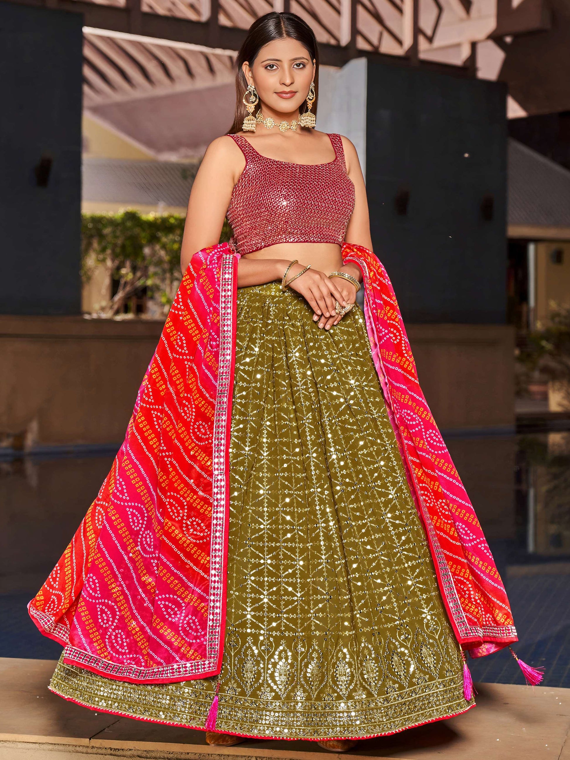 Fabulous Olive Green Sequins Georgette Lehenga Choli With Dupatta