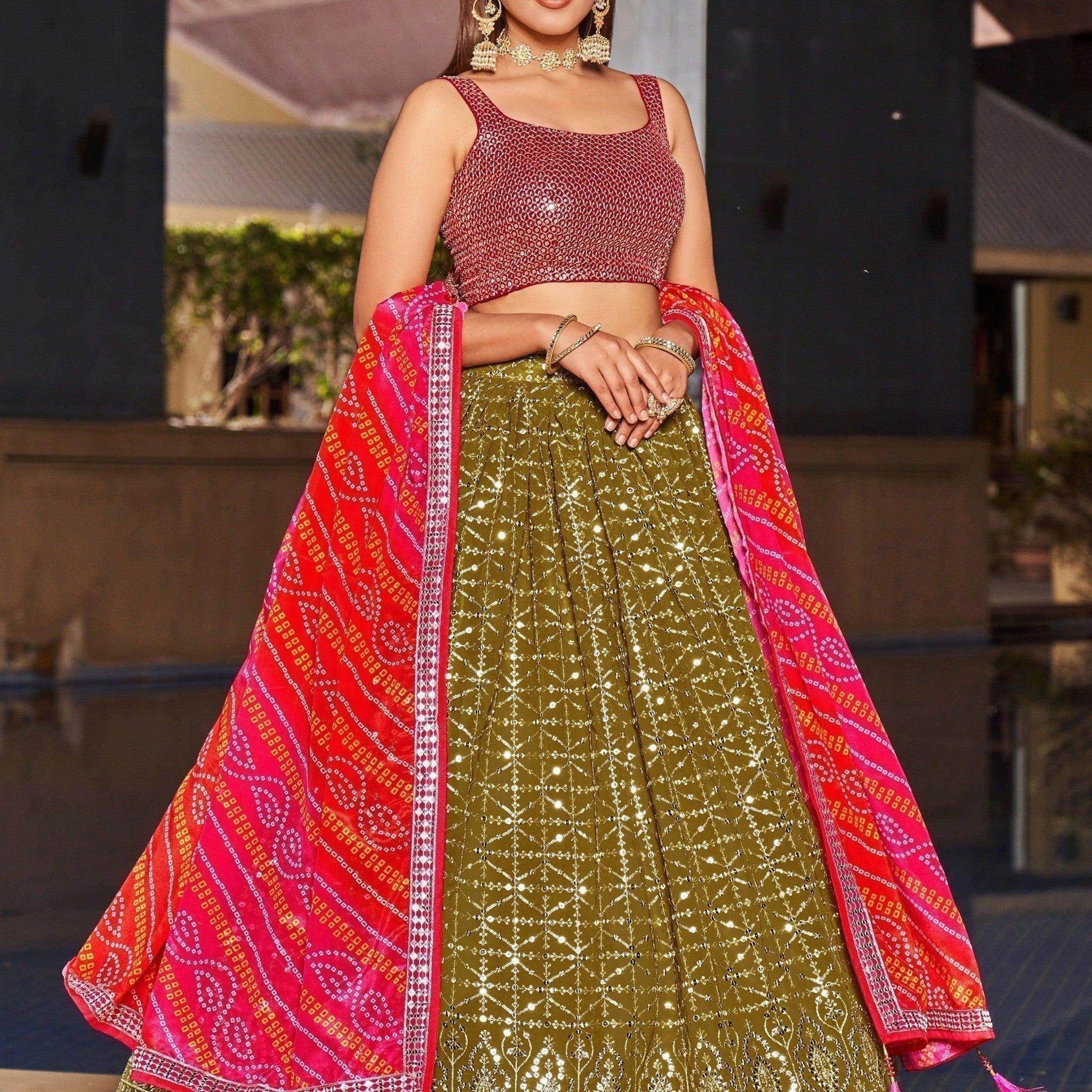 Fabulous Olive Green Sequins Georgette Lehenga Choli With Dupatta - Zeel Clothing