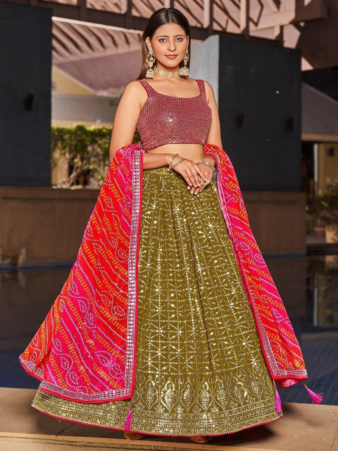 Fabulous Olive Green Sequins Georgette Lehenga Choli With Dupatta - Zeel Clothing