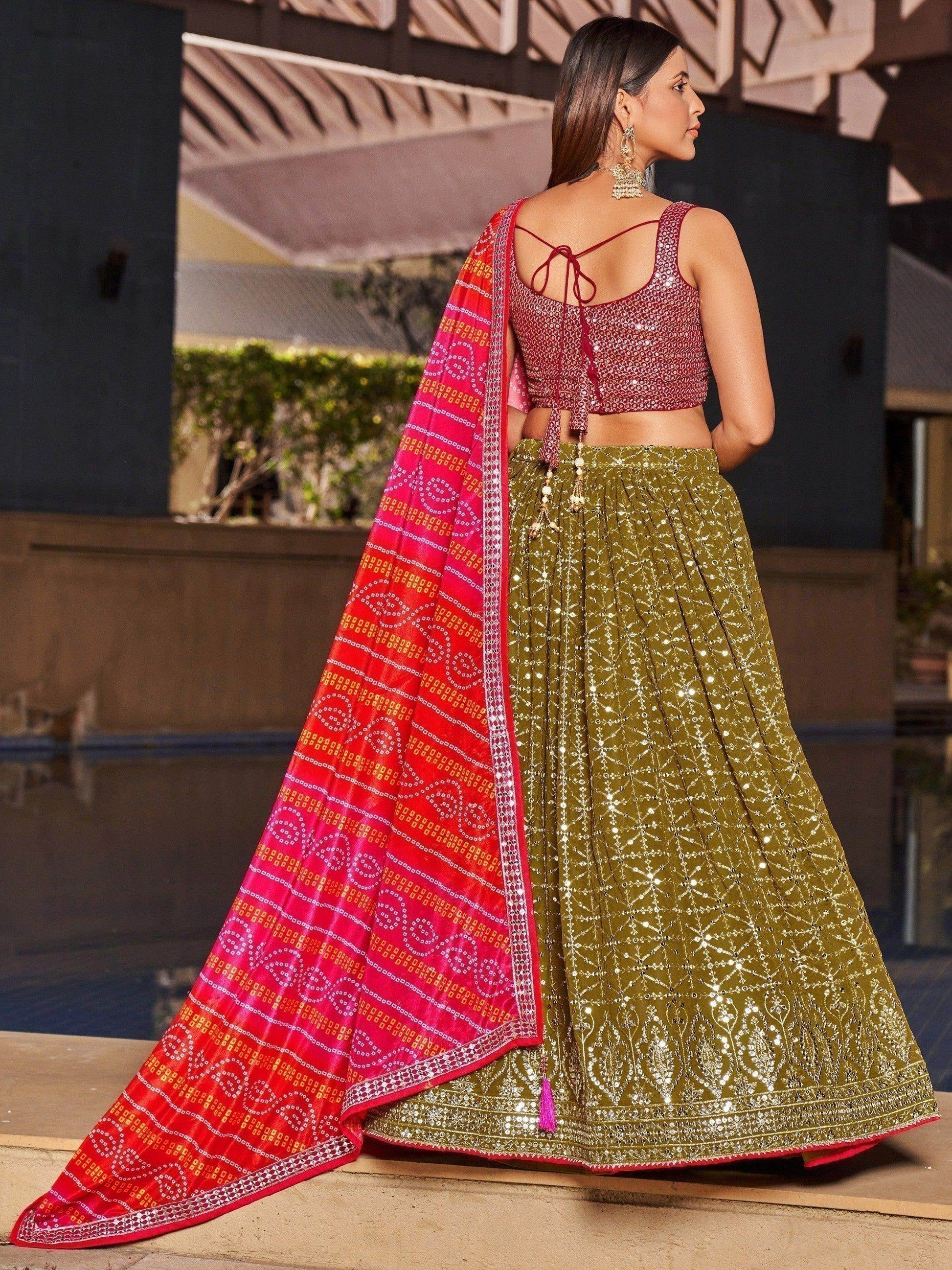 Fabulous Olive Green Sequins Georgette Lehenga Choli With Dupatta - Zeel Clothing