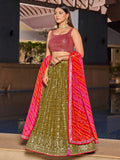 Fabulous Olive Green Sequins Georgette Lehenga Choli With Dupatta
