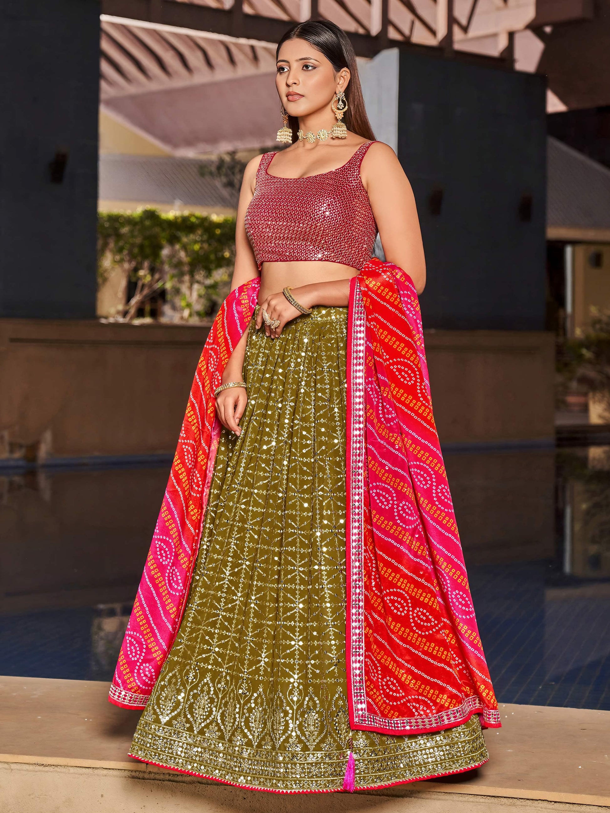 Fabulous Olive Green Sequins Georgette Lehenga Choli With Dupatta
