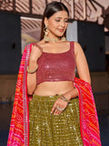 Fabulous Olive Green Sequins Georgette Lehenga Choli With Dupatta
