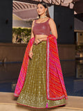 Fabulous Olive Green Sequins Georgette Lehenga Choli With Dupatta - Zeel Clothing
