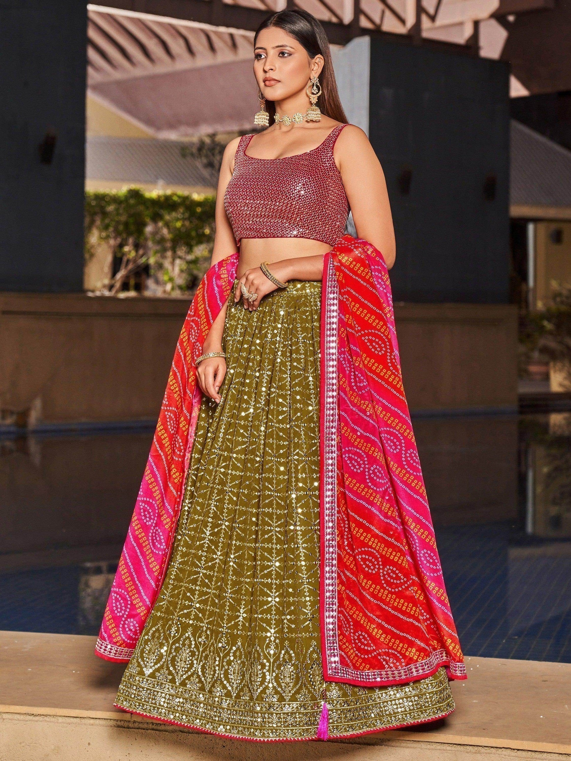 Fabulous Olive Green Sequins Georgette Lehenga Choli With Dupatta - Zeel Clothing