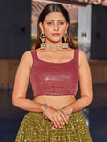 Fabulous Olive Green Sequins Georgette Lehenga Choli With Dupatta - Zeel Clothing