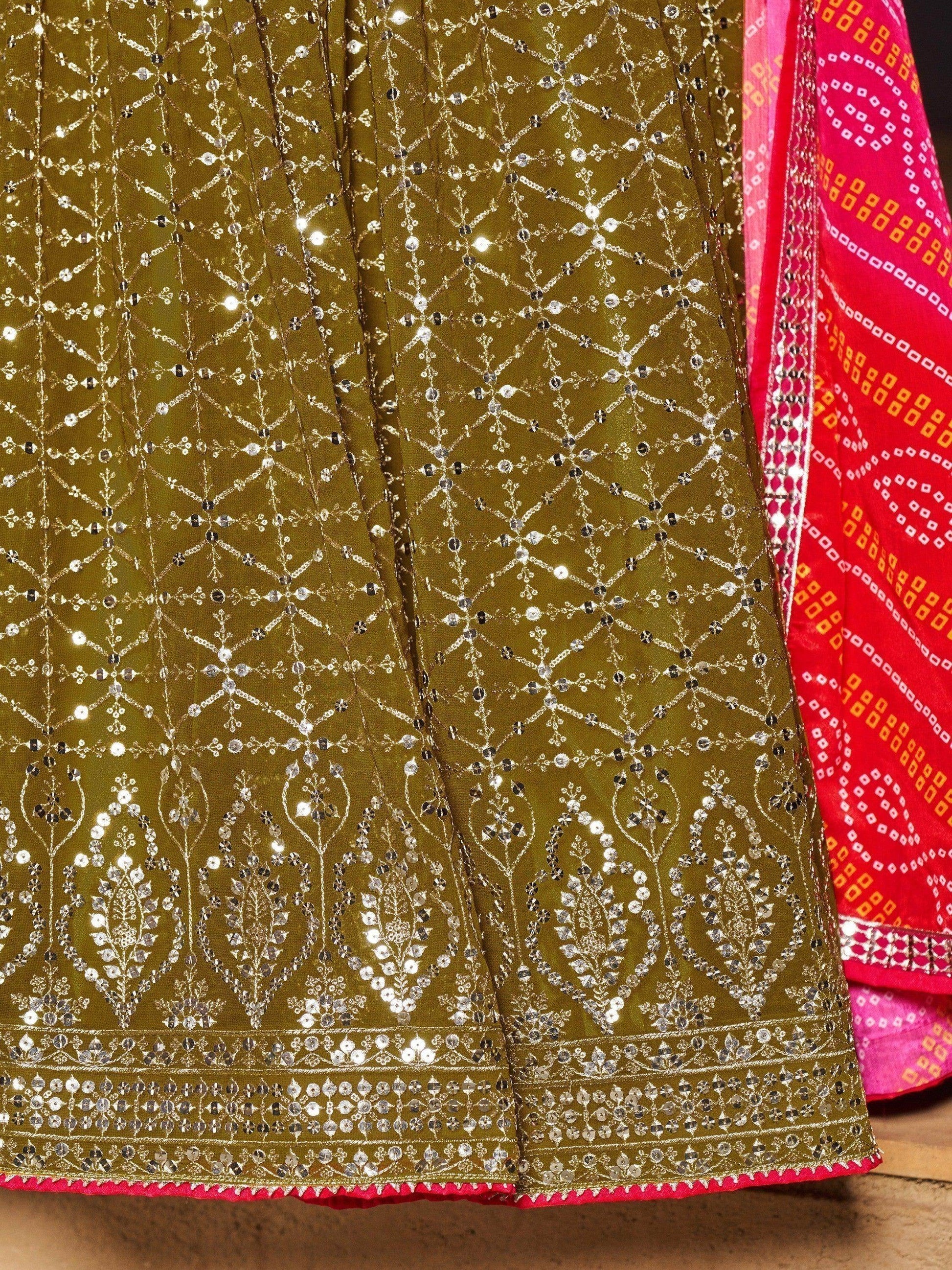 Fabulous Olive Green Sequins Georgette Lehenga Choli With Dupatta - Zeel Clothing