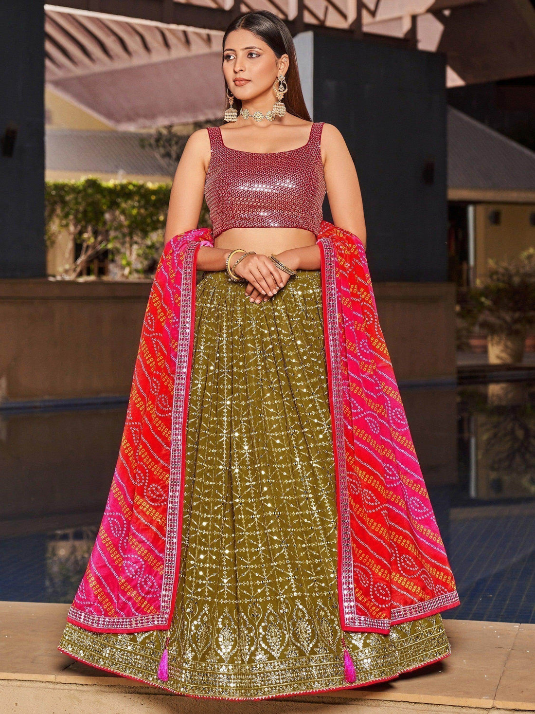 Fabulous Olive Green Sequins Georgette Lehenga Choli With Dupatta - Zeel Clothing