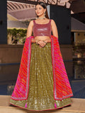 Fabulous Olive Green Sequins Georgette Lehenga Choli With Dupatta - Zeel Clothing