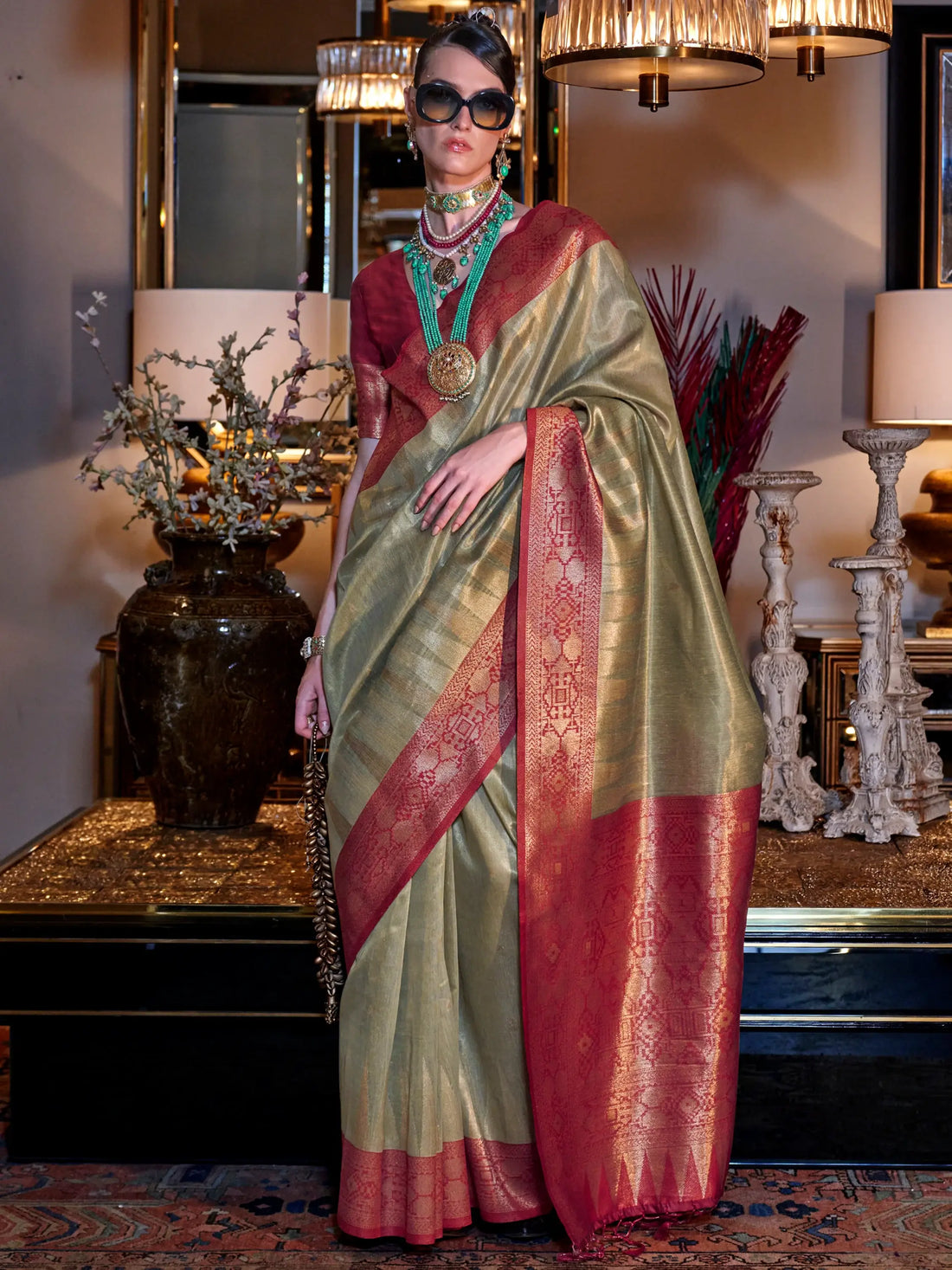 Fabulous Olive Green Zari Weaving Tissue Silk Event Wear Saree - Zeel Clothing