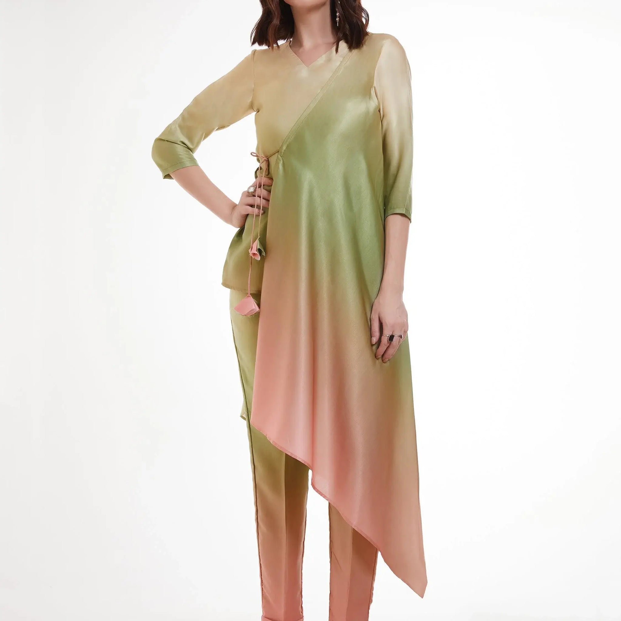 Fabulous Ombre Green Satin Designer Asymmetrical Kurta Set - Zeel Clothing