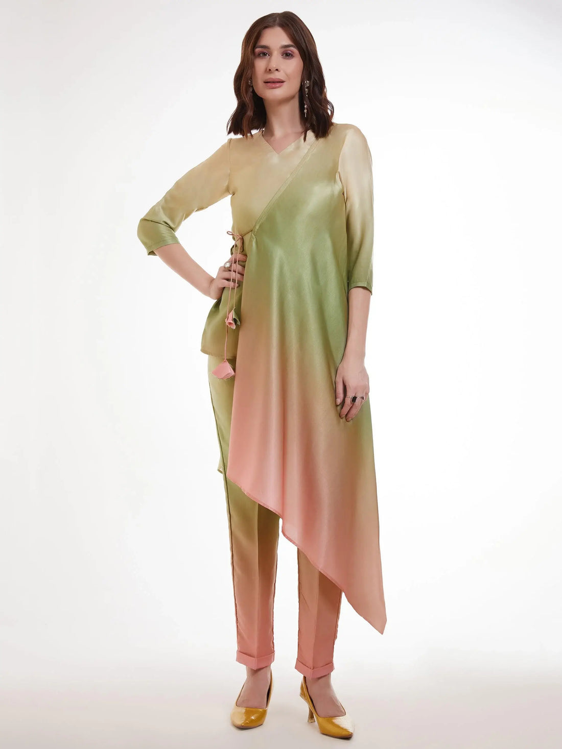 Fabulous Ombre Green Satin Designer Asymmetrical Kurta Set - Zeel Clothing