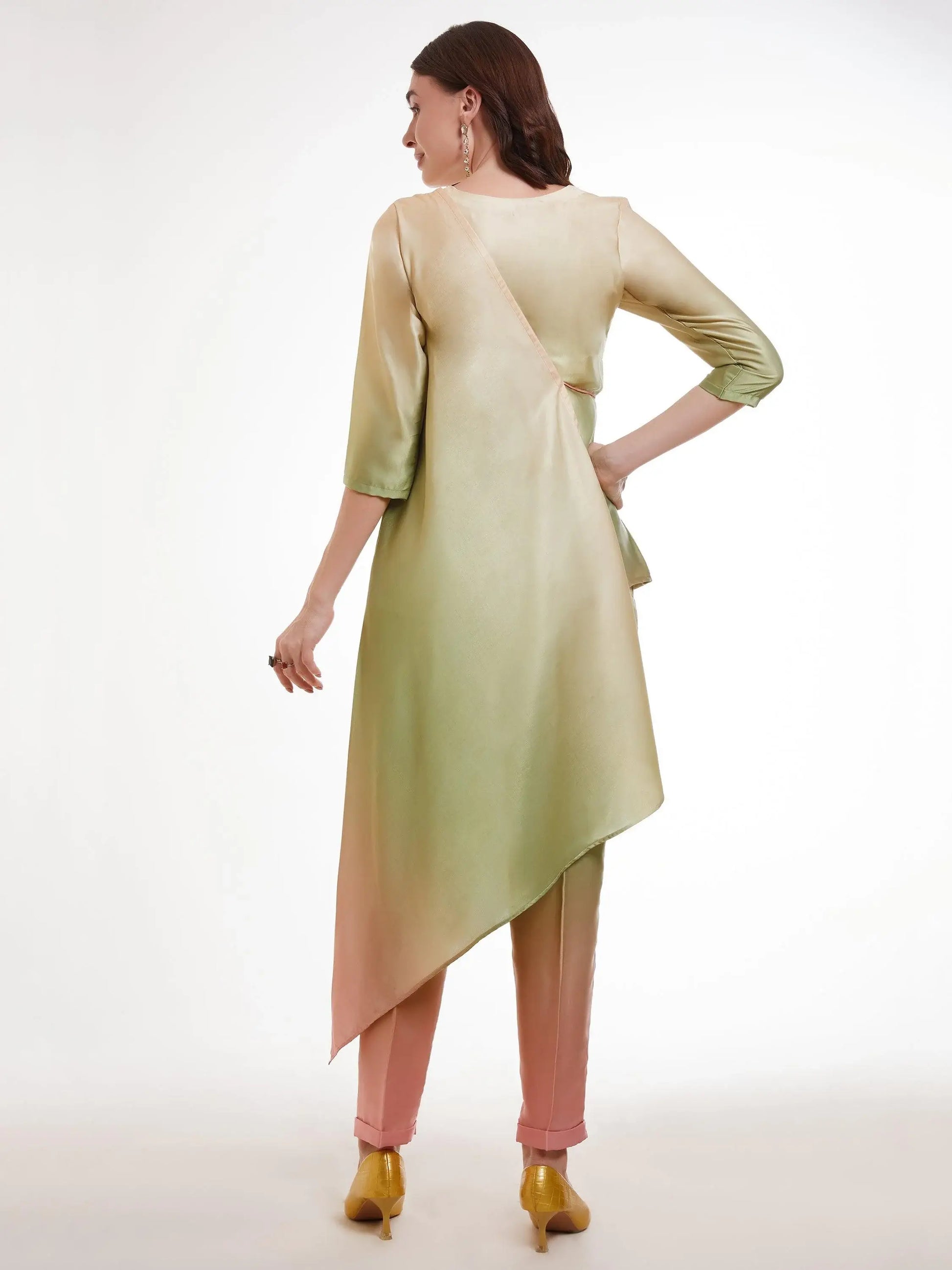 Fabulous Ombre Green Satin Designer Asymmetrical Kurta Set - Zeel Clothing