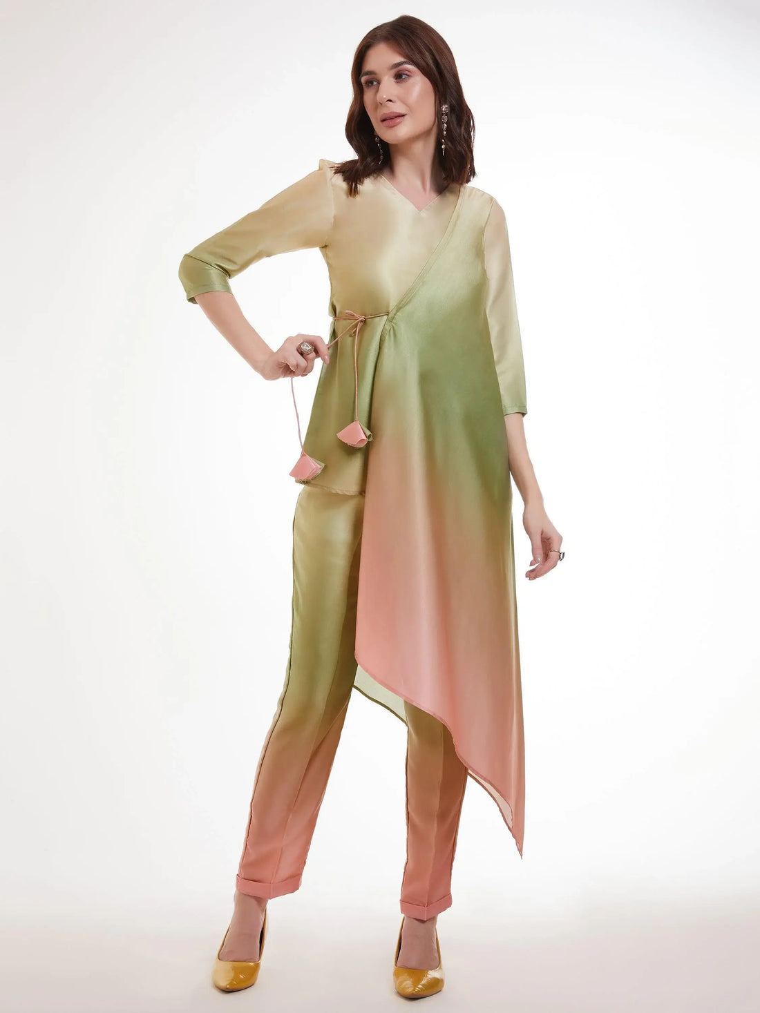 Fabulous Ombre Green Satin Designer Asymmetrical Kurta Set - Zeel Clothing