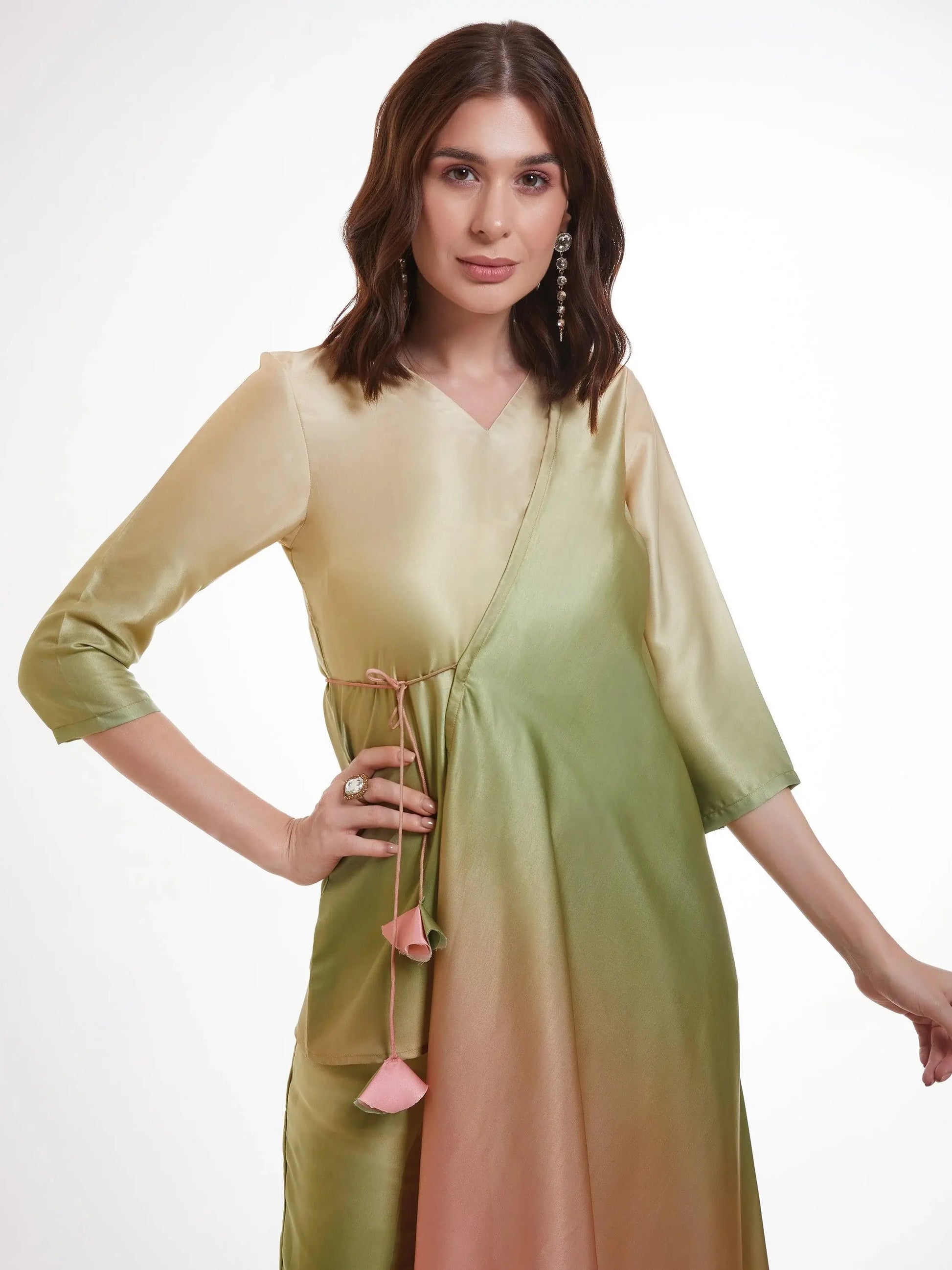 Fabulous Ombre Green Satin Designer Asymmetrical Kurta Set - Zeel Clothing