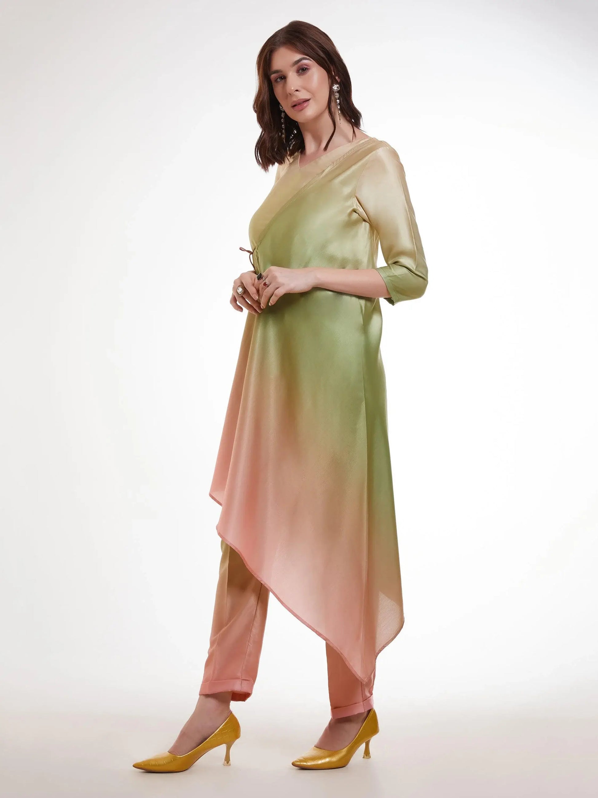 Fabulous Ombre Green Satin Designer Asymmetrical Kurta Set - Zeel Clothing