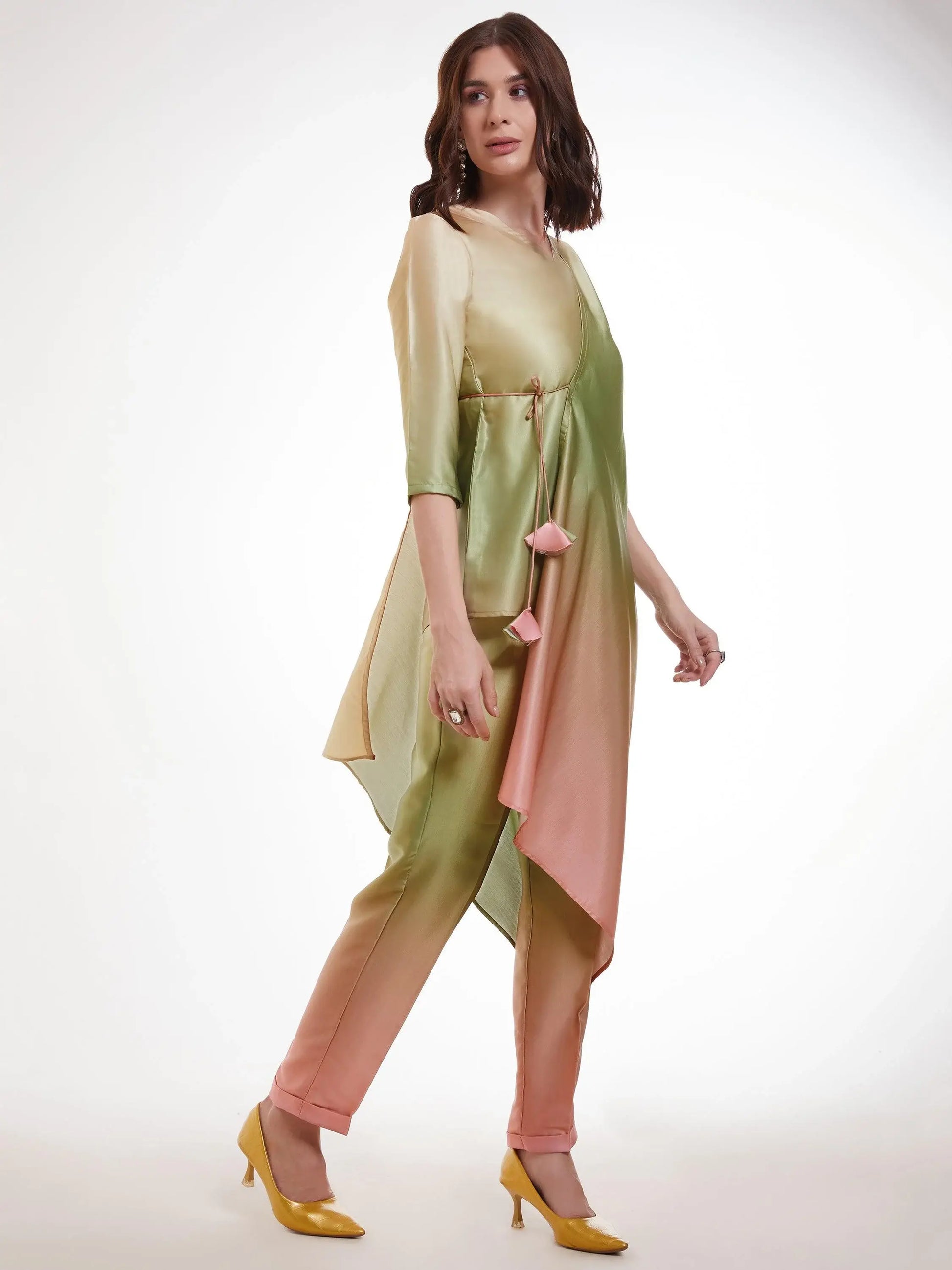 Fabulous Ombre Green Satin Designer Asymmetrical Kurta Set - Zeel Clothing