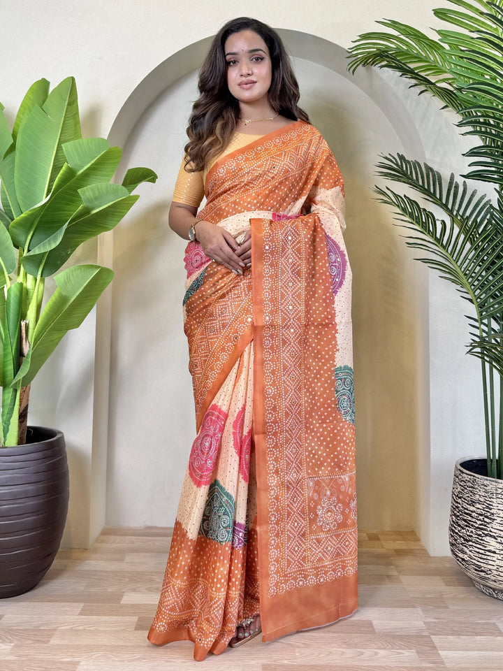 Fabulous Orange Bandhni Printed Tissue Silk Party Wear Saree With Blouse - Zeel Clothing