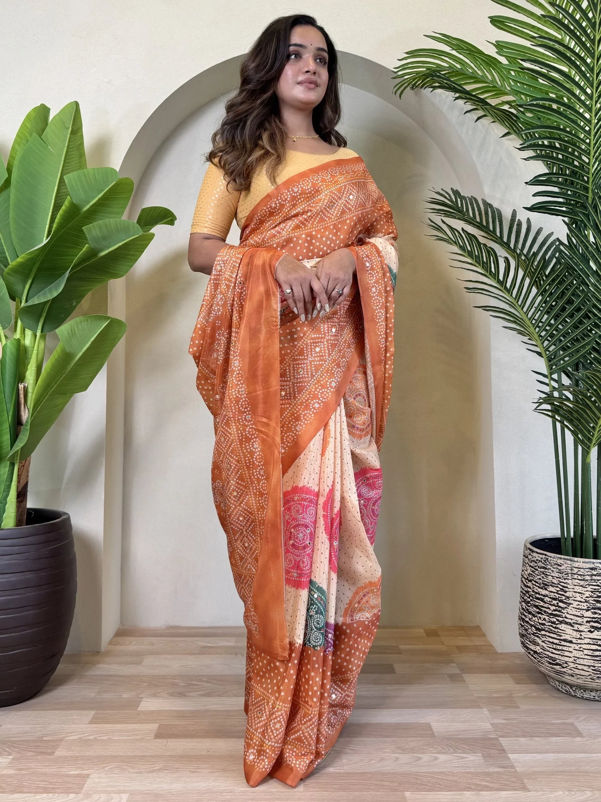 Fabulous Orange Bandhni Printed Tissue Silk Party Wear Saree With Blouse - Zeel Clothing