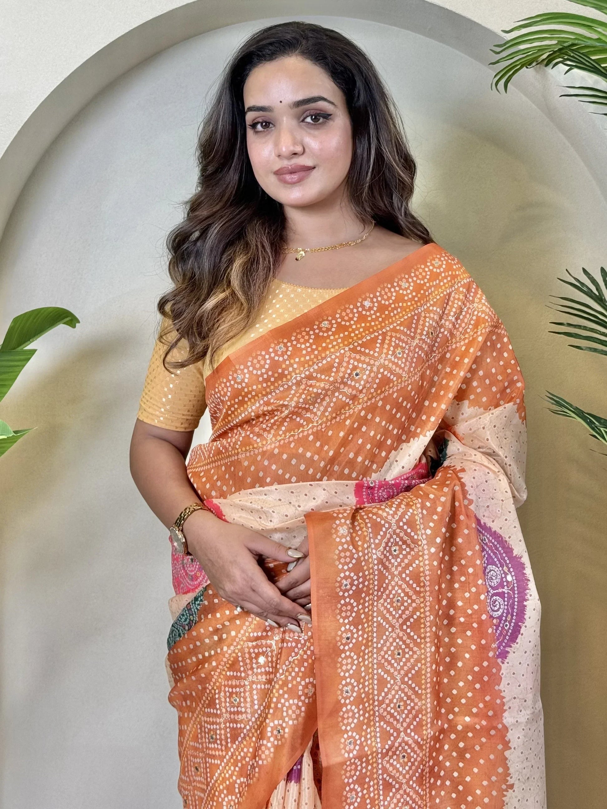 Fabulous Orange Bandhni Printed Tissue Silk Party Wear Saree With Blouse - Zeel Clothing