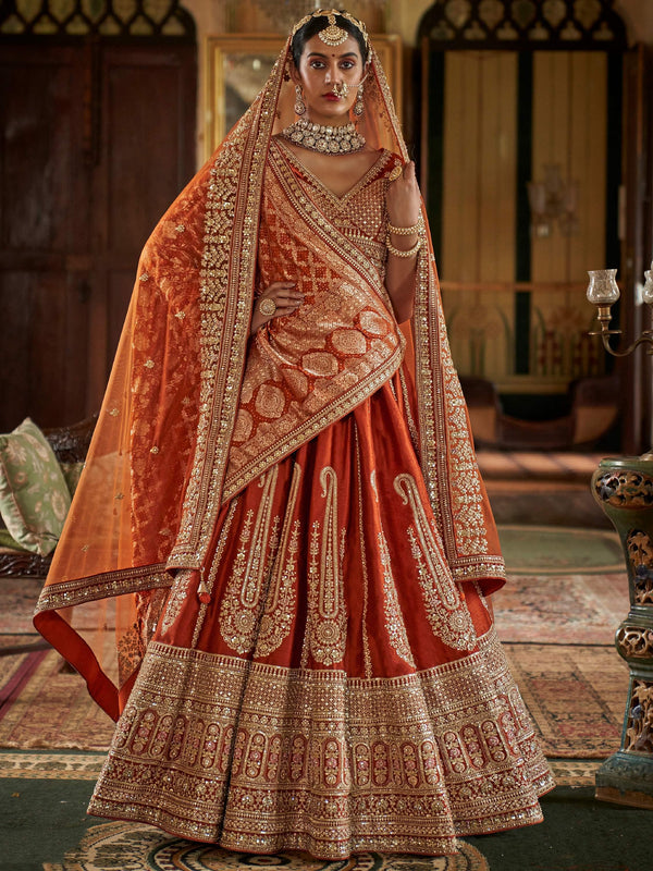 Fabulous Orange Embroidered Silk Bridal Lehenga Choli With Double Dupatta