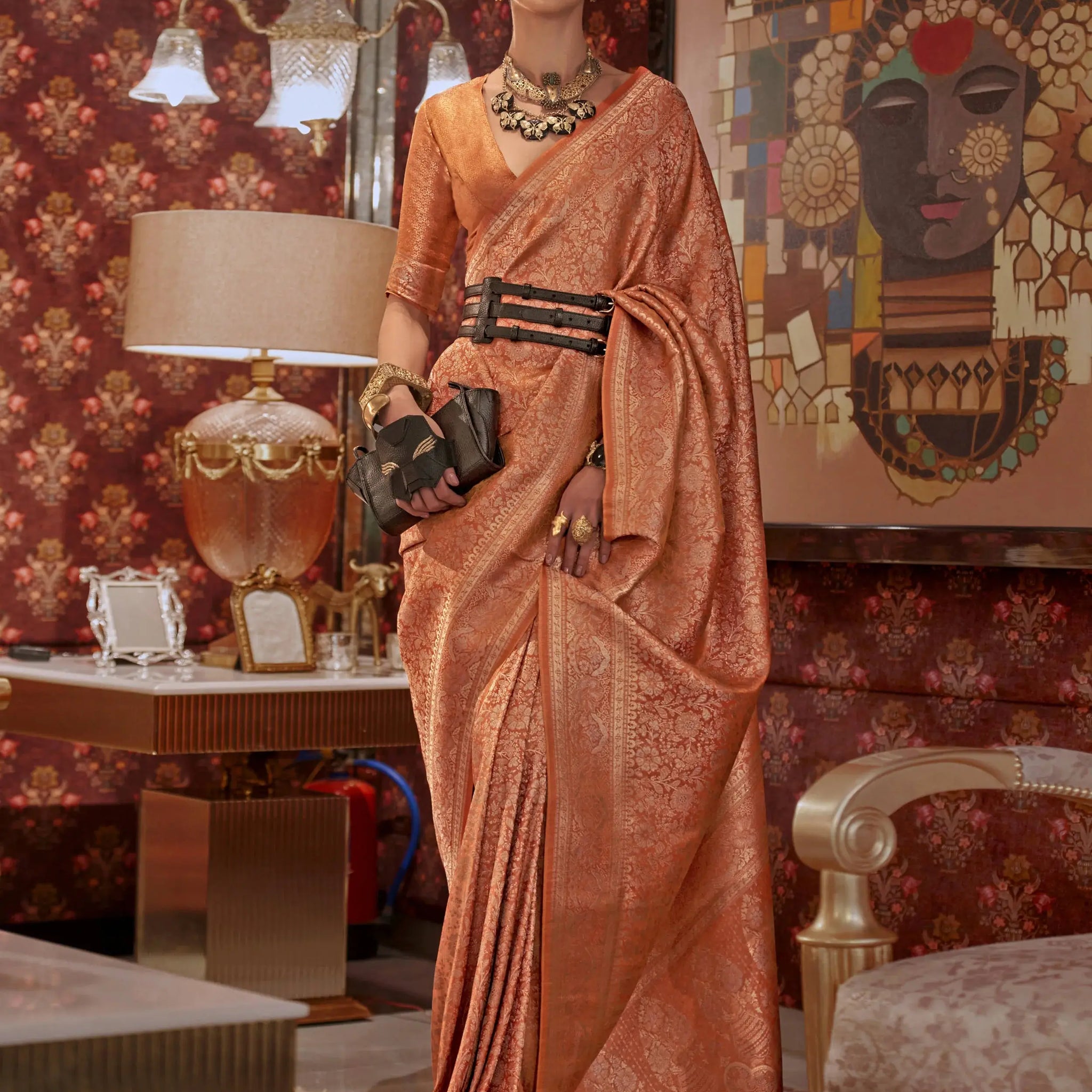 Fabulous Orange Woven Kabby Silk Wedding Wear Saree With Blouse - Zeel Clothing