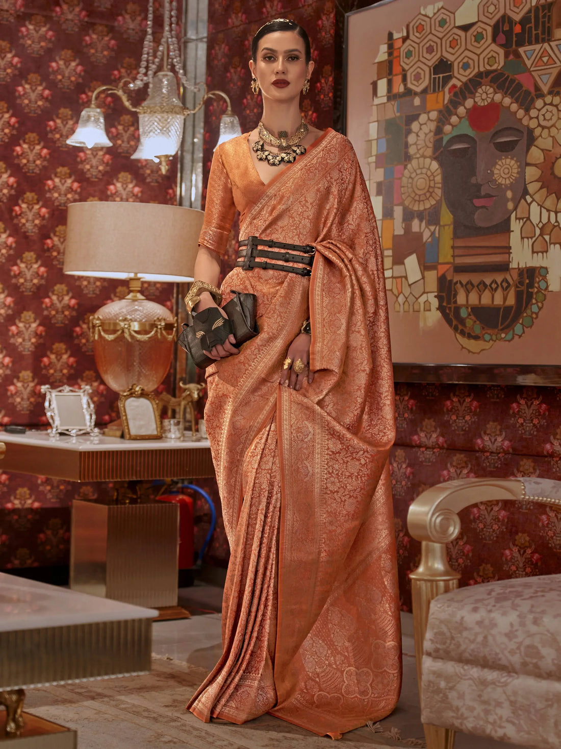 Fabulous Orange Woven Kabby Silk Wedding Wear Saree With Blouse - Zeel Clothing
