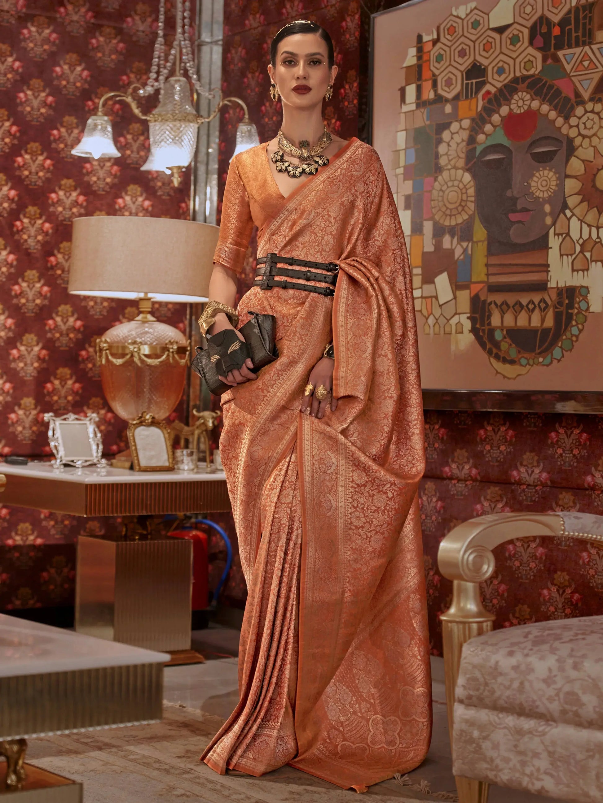 Fabulous Orange Woven Kabby Silk Wedding Wear Saree With Blouse - Zeel Clothing