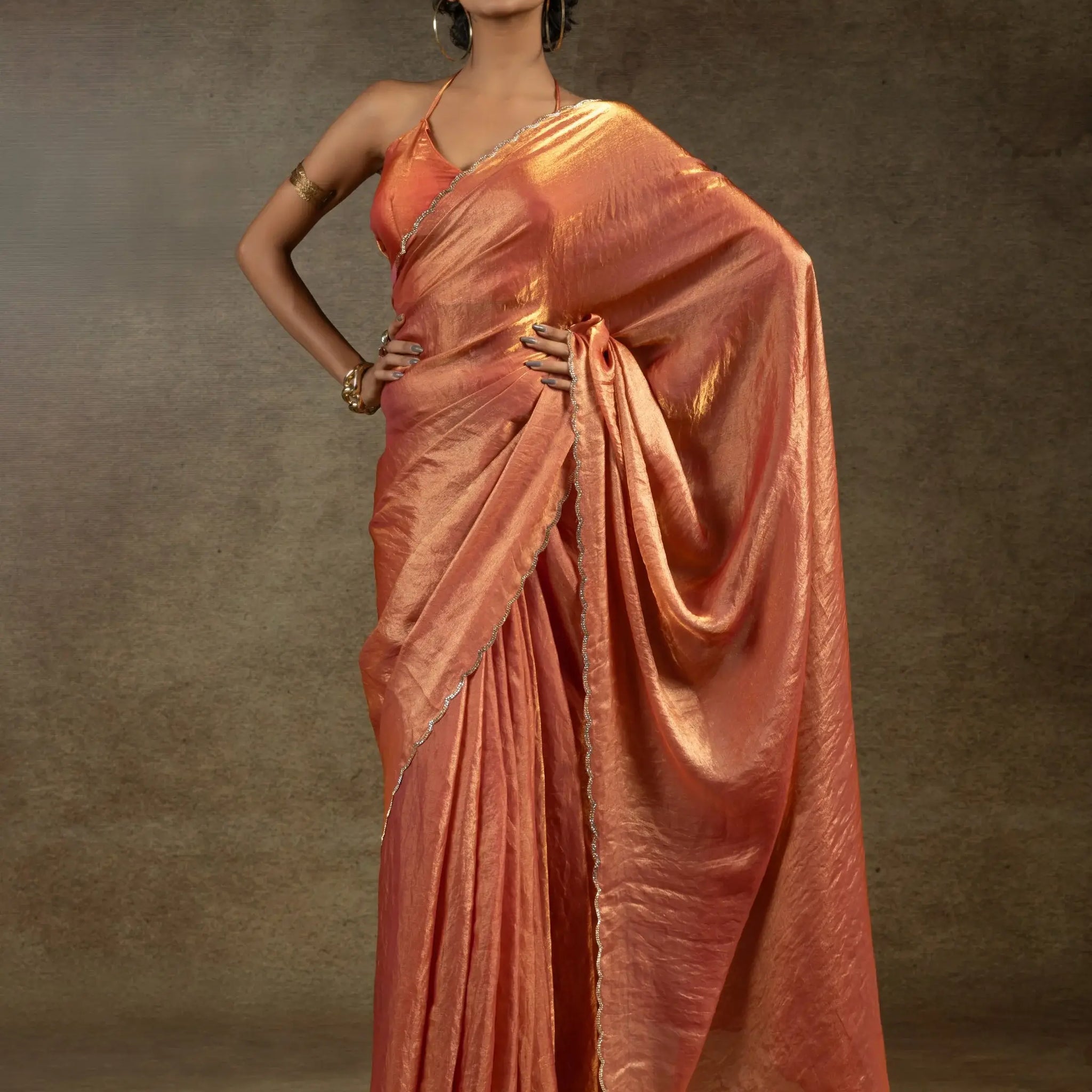 Fabulous Peach Border Work Satin Event Wear Pre-Stitched Saree With Blouse - Zeel Clothing