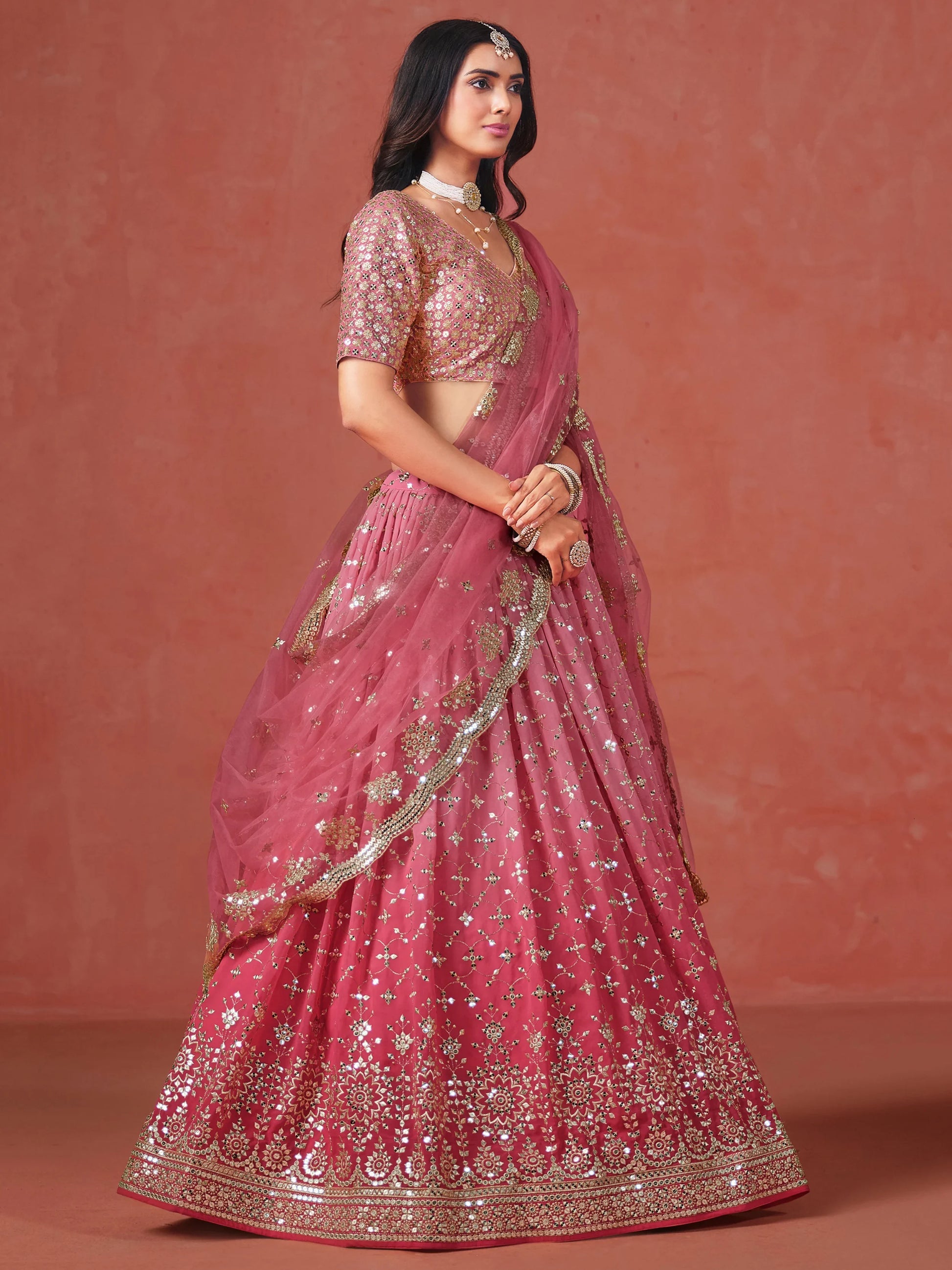 Fabulous Peach Georgette Embroidered Zari Lehenga Choli With Dupatta - Zeel Clothing