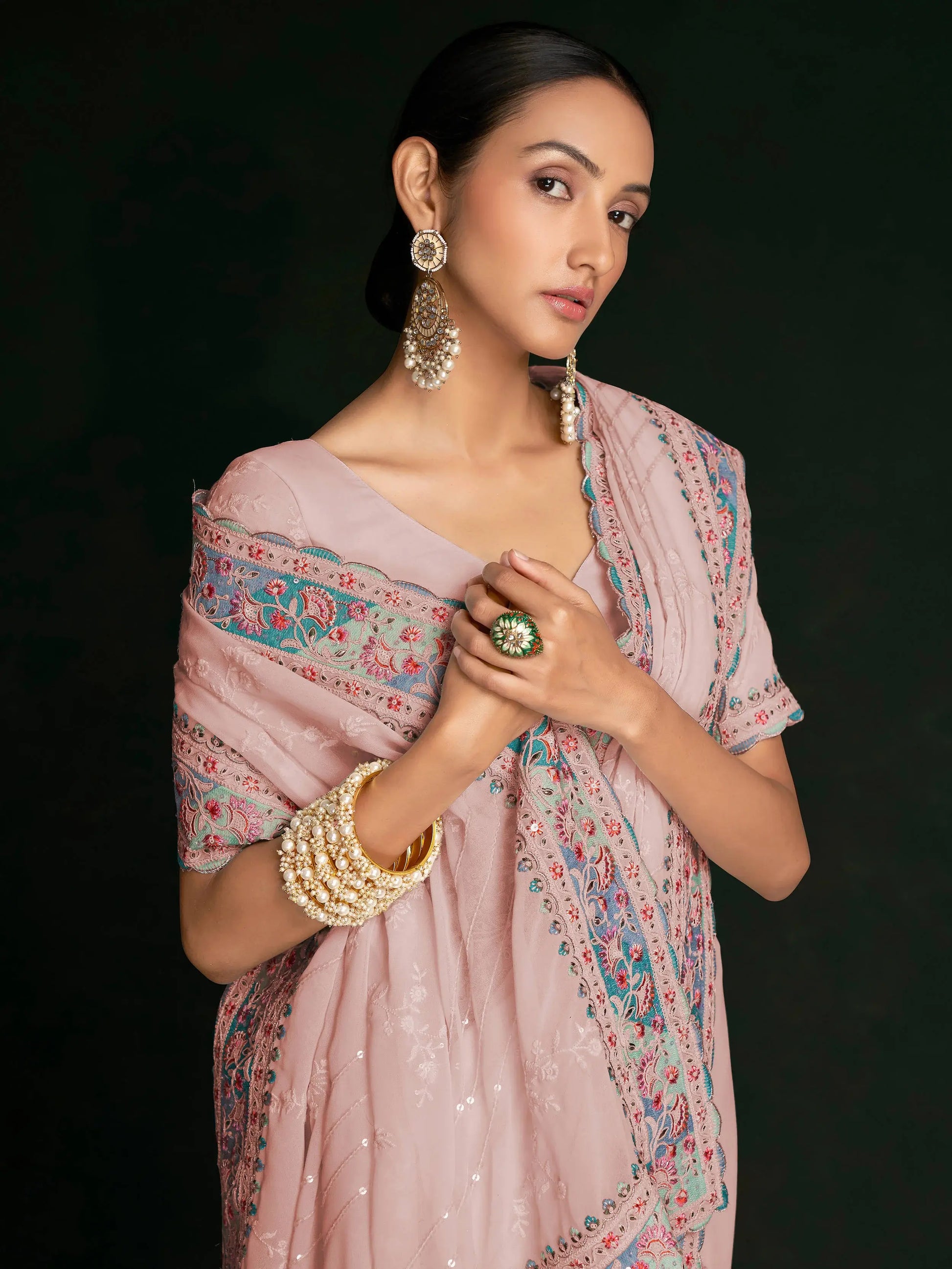 Fabulous Peach Lucknowi Georgette Event Wear Saree With Blouse - Zeel Clothing