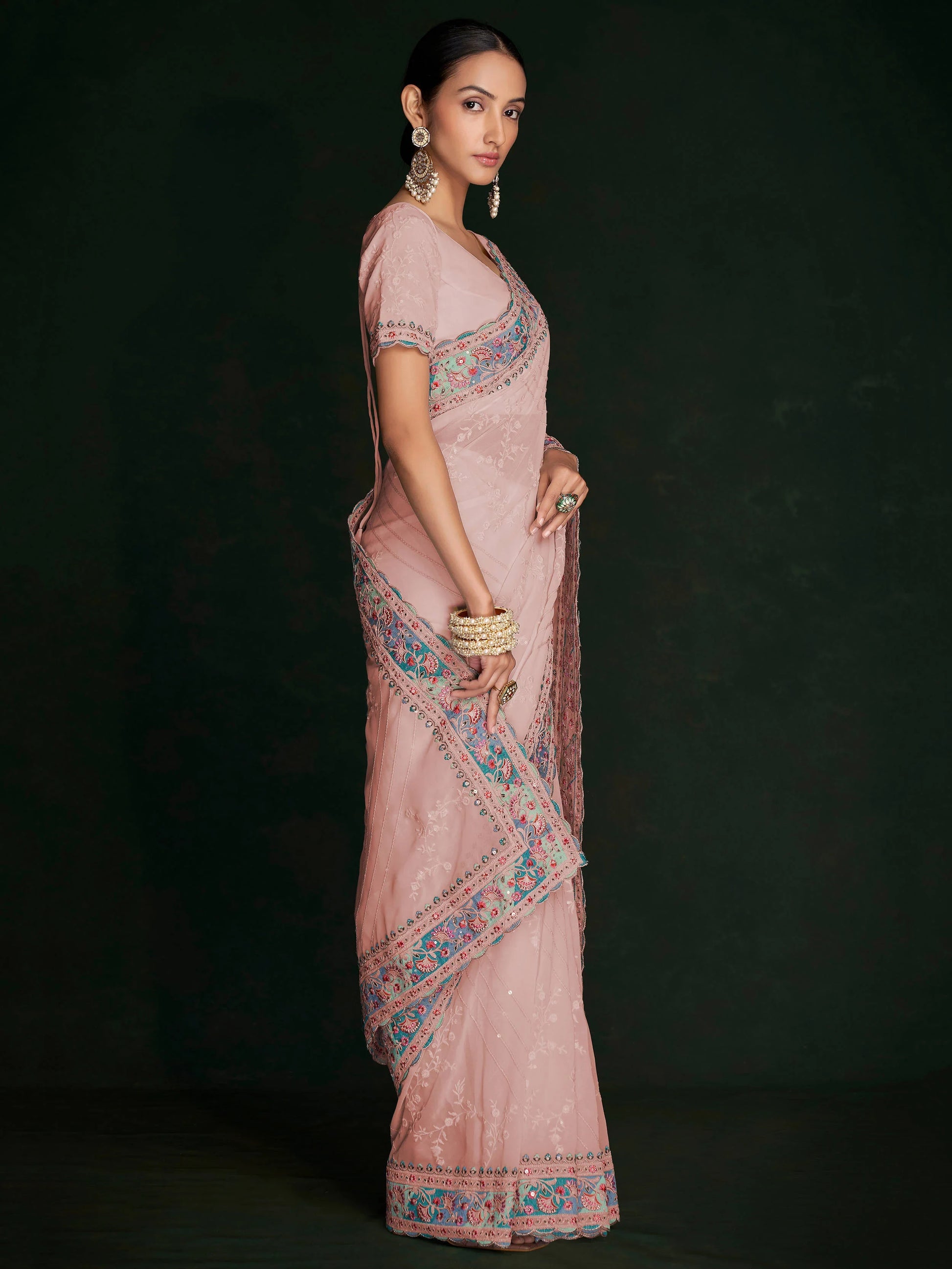 Fabulous Peach Lucknowi Georgette Event Wear Saree With Blouse - Zeel Clothing