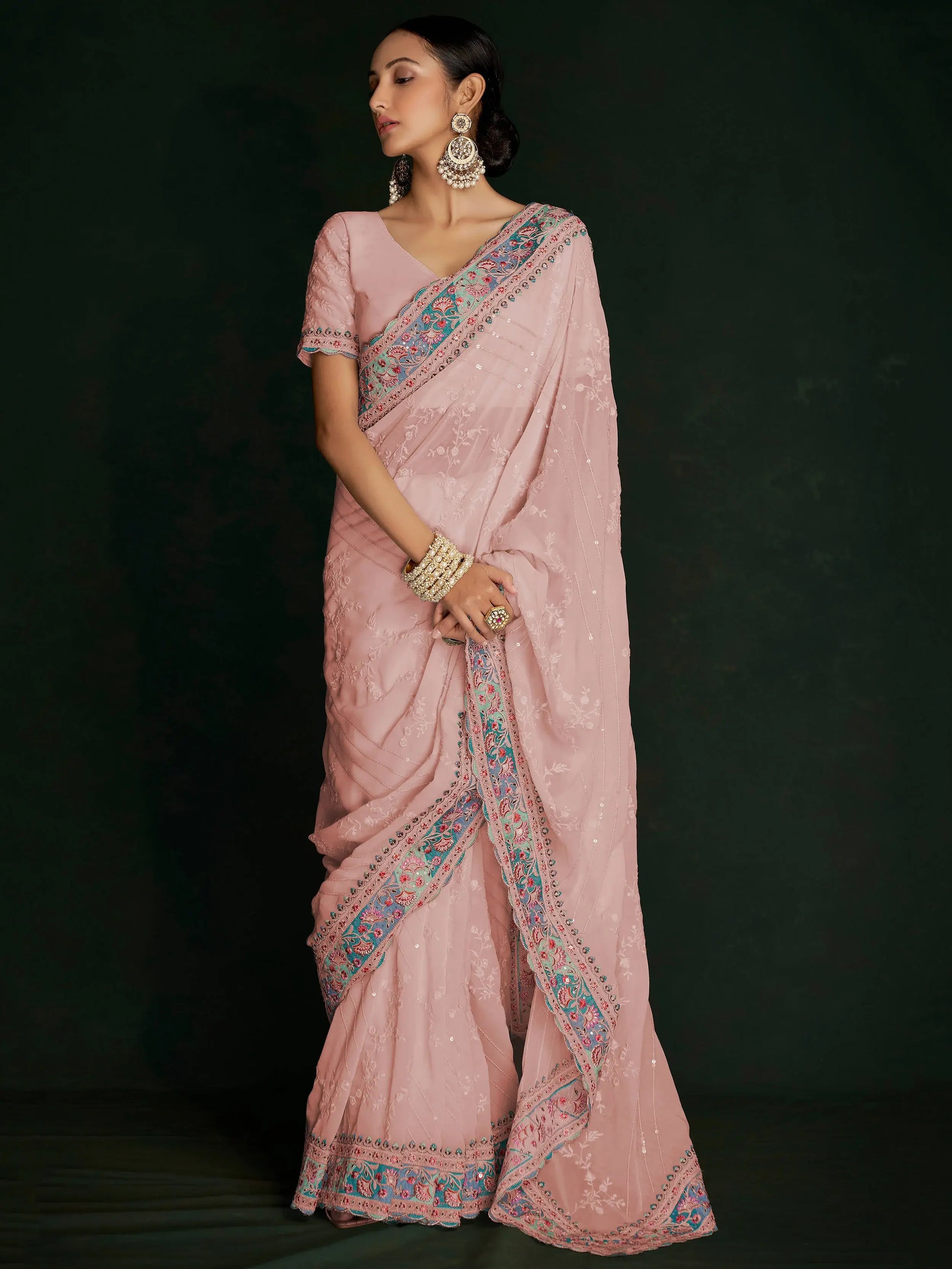 Fabulous Peach Lucknowi Georgette Event Wear Saree With Blouse - Zeel Clothing