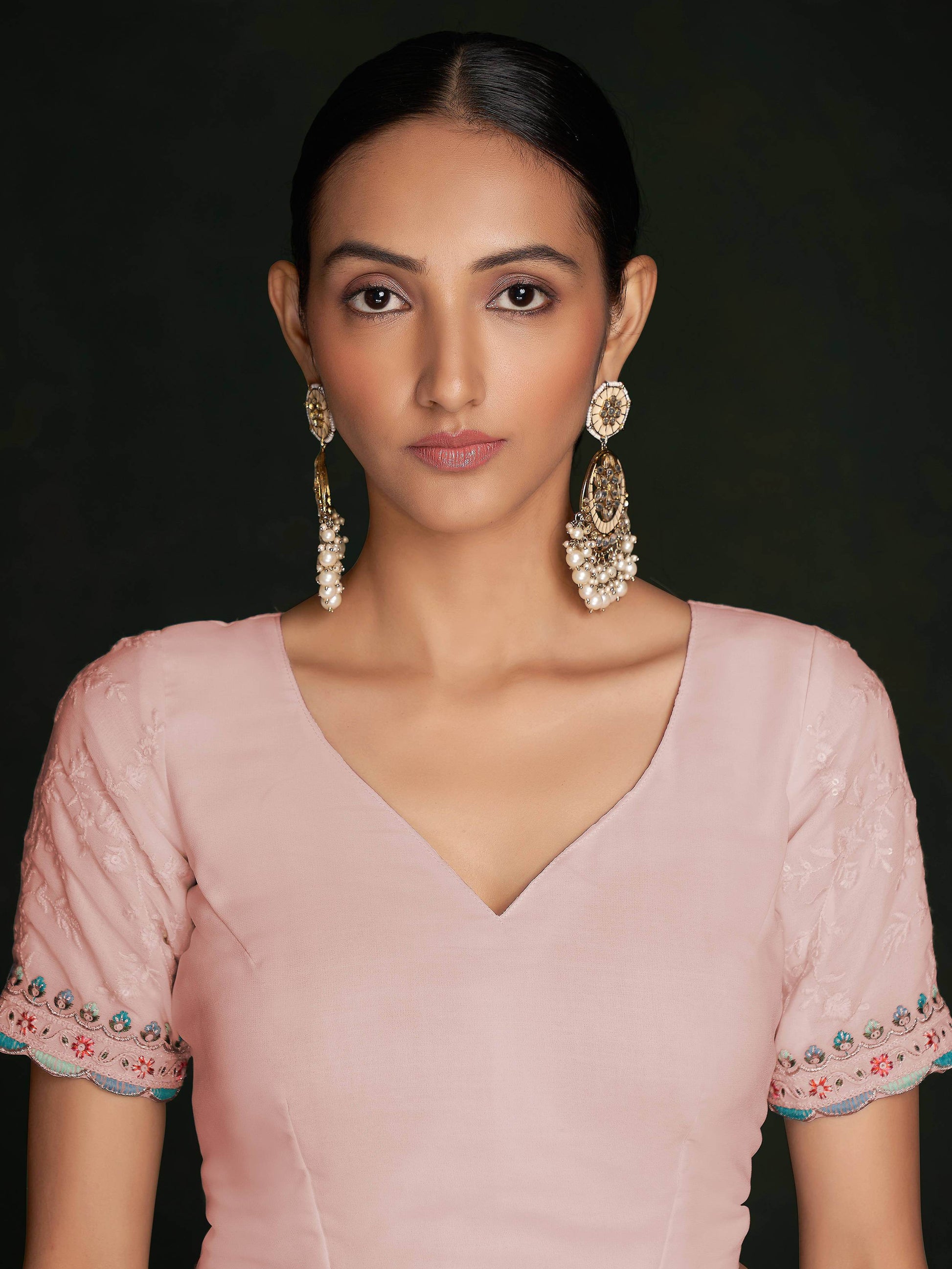 Fabulous Peach Lucknowi Georgette Event Wear Saree With Blouse - Zeel Clothing