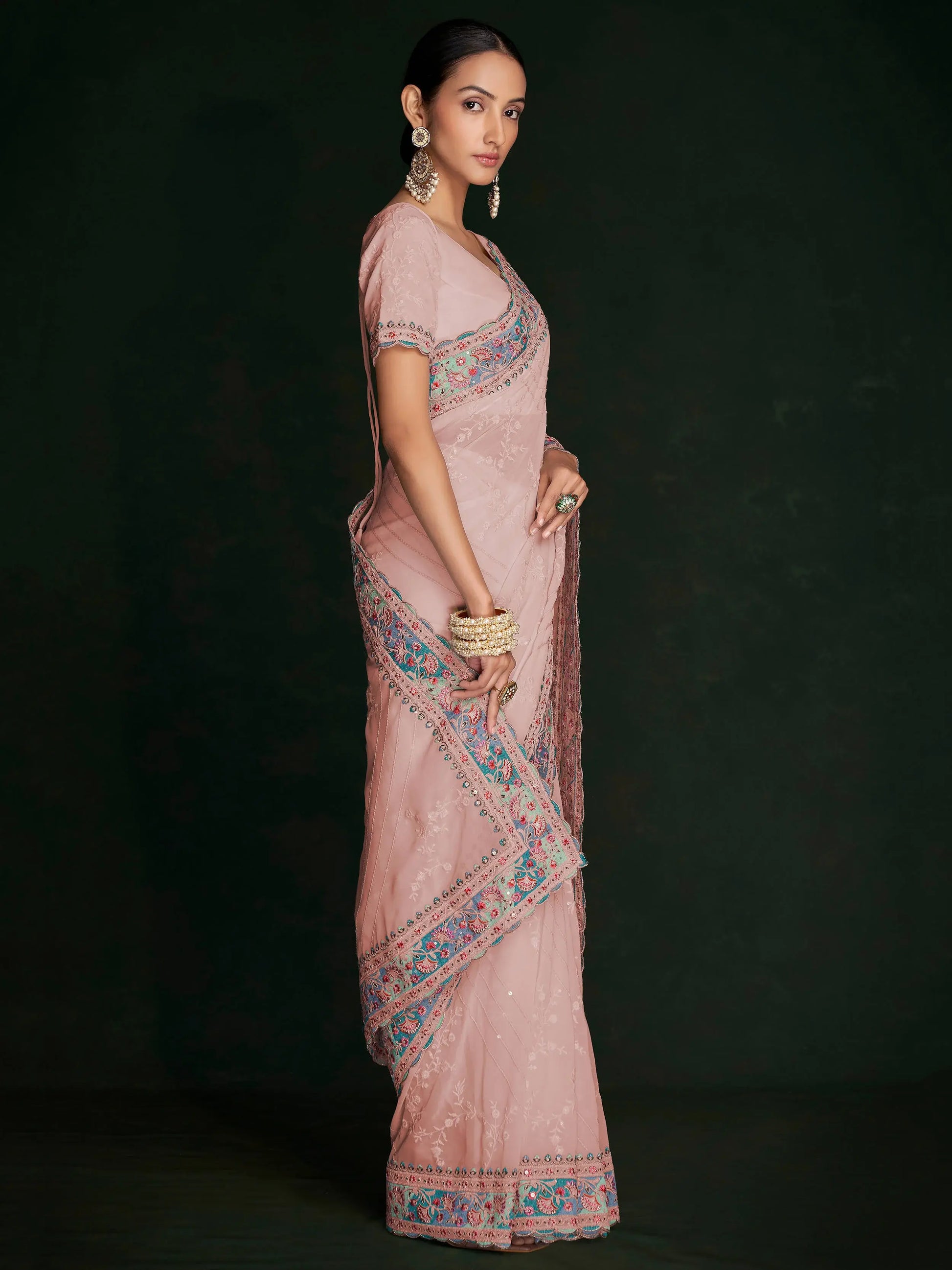 Fabulous Peach Lucknowi Georgette Event Wear Saree With Blouse - Zeel Clothing