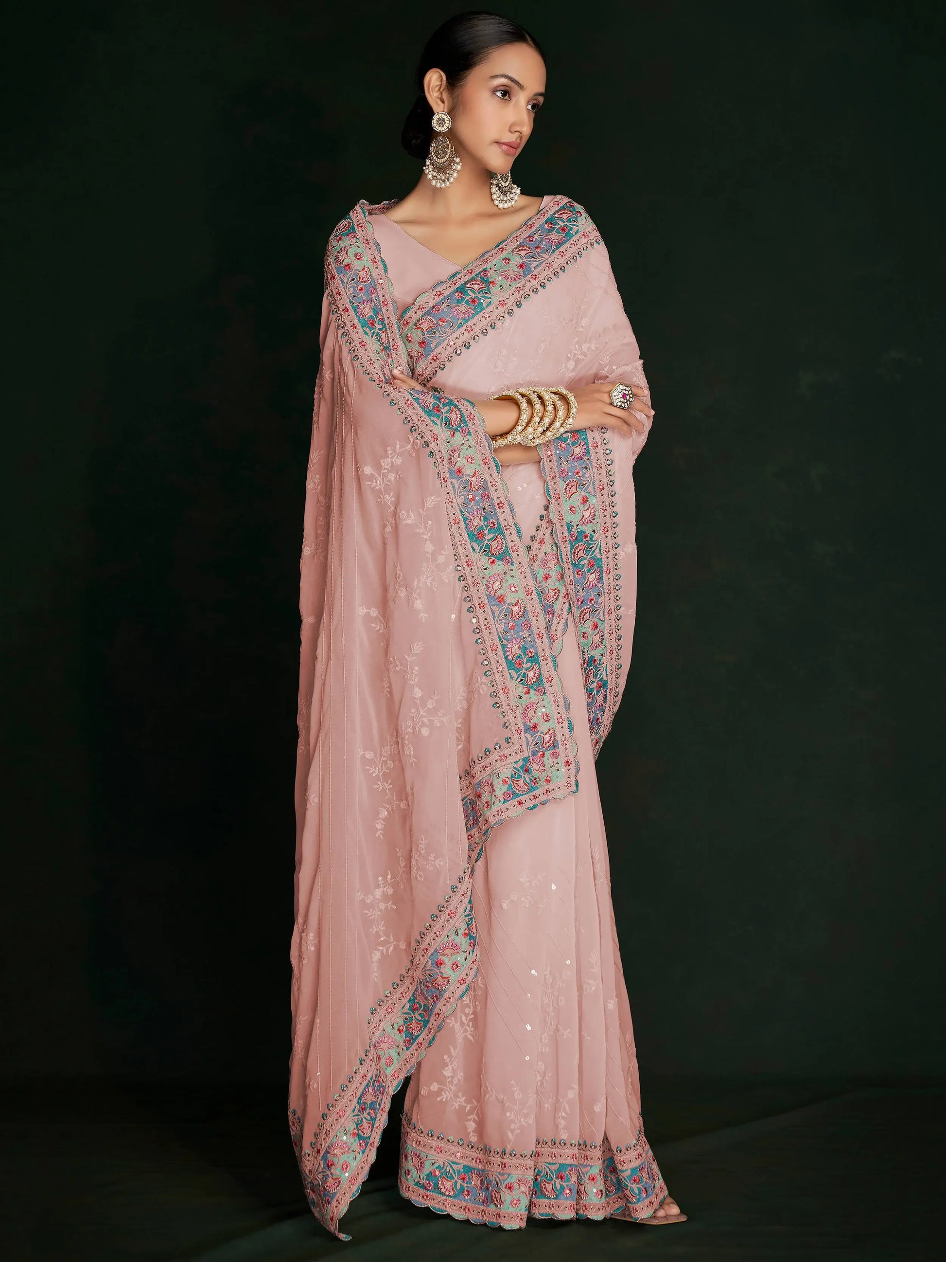 Fabulous Peach Lucknowi Georgette Event Wear Saree With Blouse - Zeel Clothing