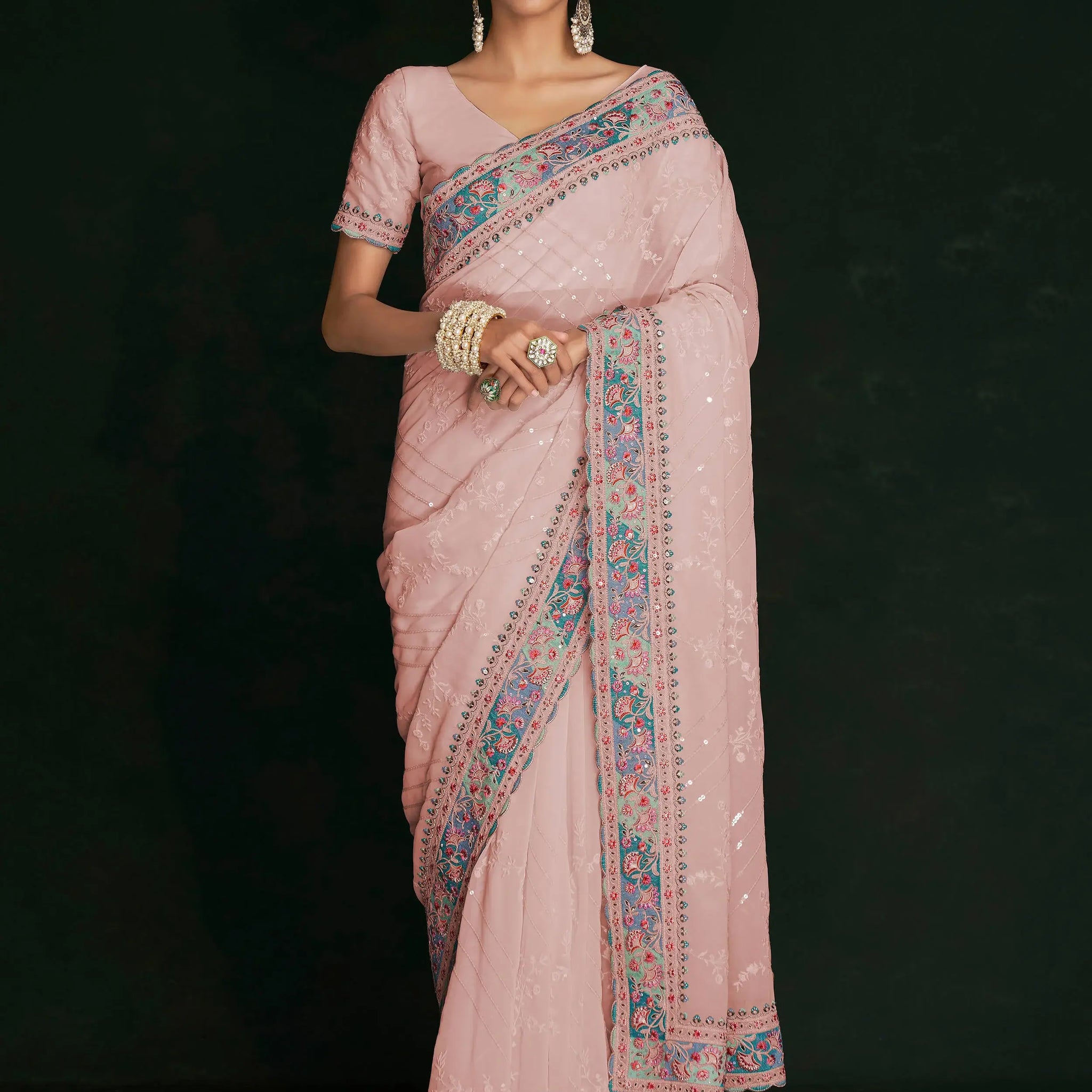 Fabulous Peach Lucknowi Georgette Event Wear Saree With Blouse - Zeel Clothing