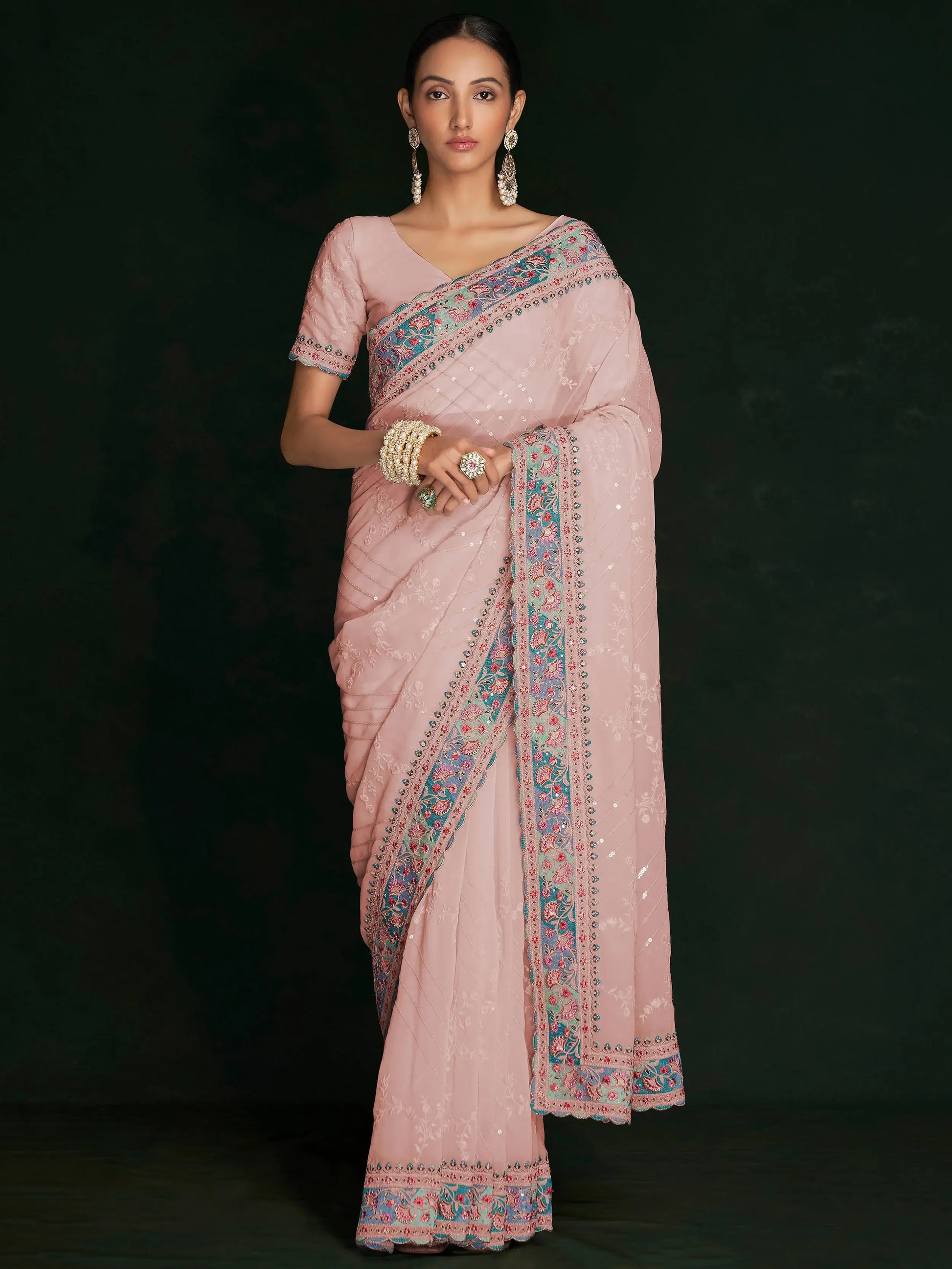 Fabulous Peach Lucknowi Georgette Event Wear Saree With Blouse - Zeel Clothing