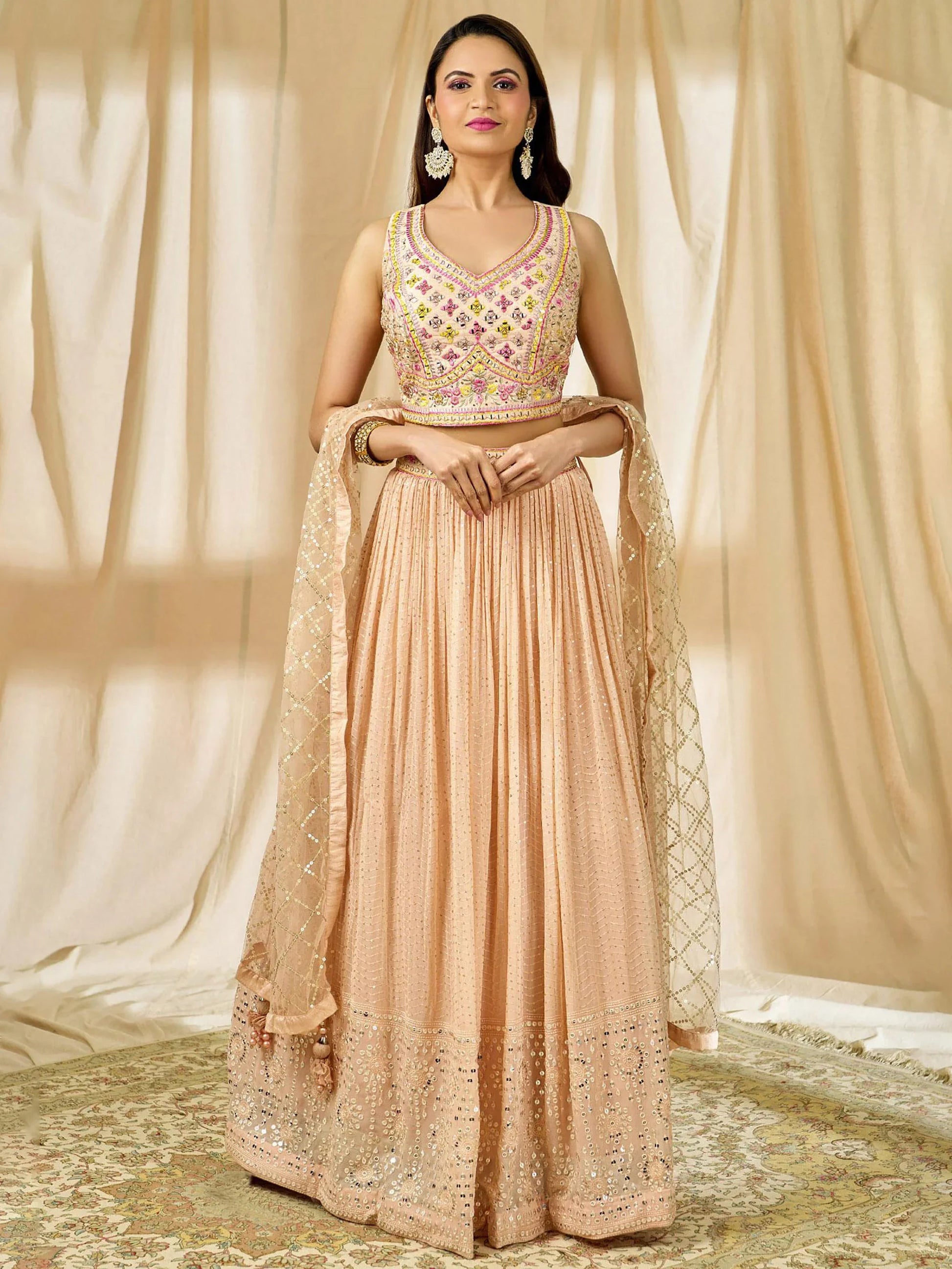 Fabulous Peach Thread Embroidered Georgette Reception Wear Lehenga Choli - Zeel Clothing