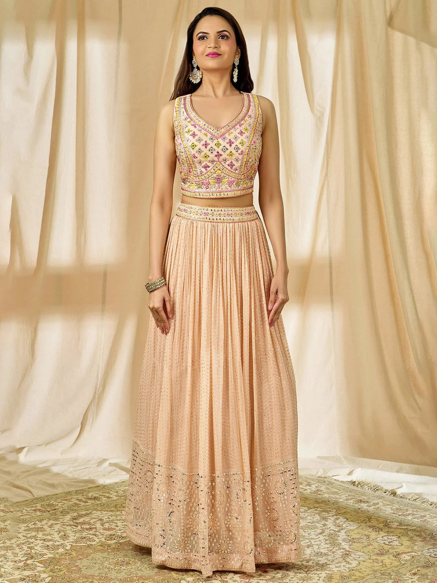 Fabulous Peach Thread Embroidered Georgette Reception Wear Lehenga Choli - Zeel Clothing