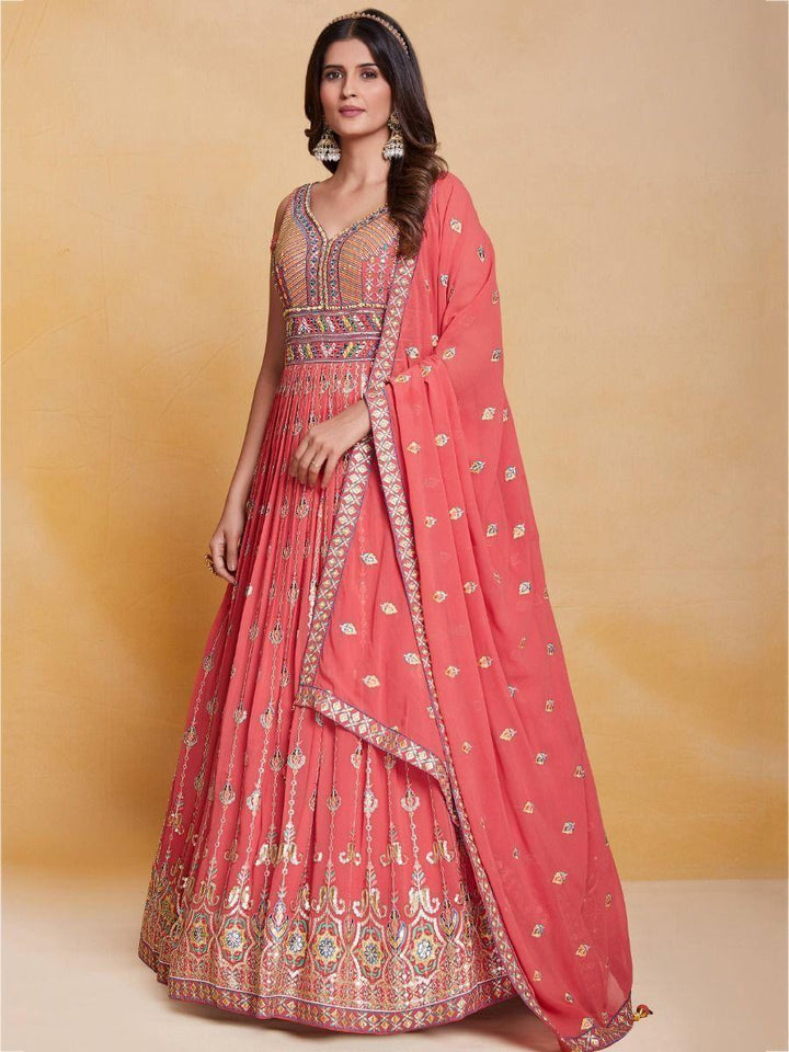 Fabulous Peach Thread Work Georgette Festival Wear Gown With Dupatta