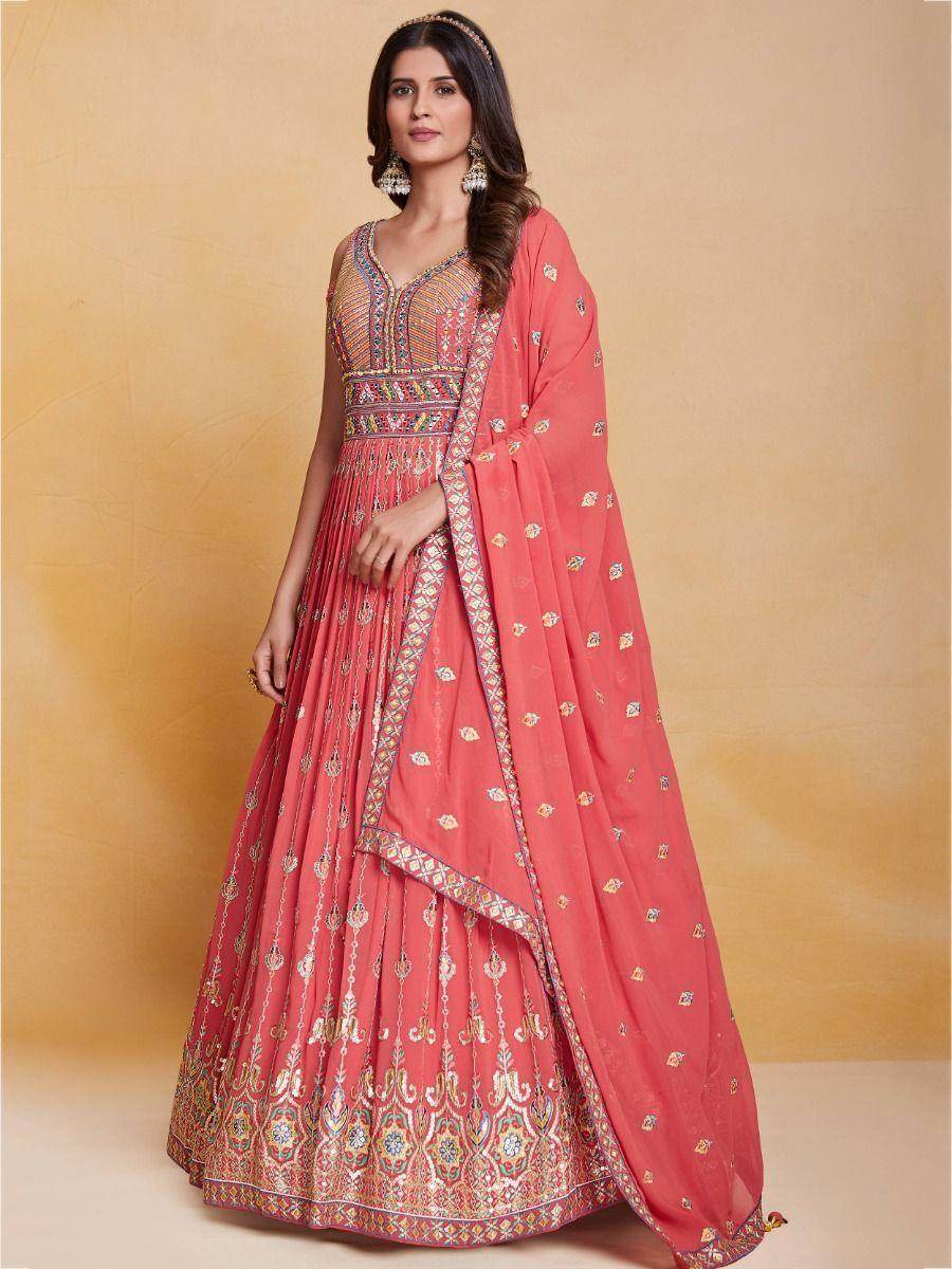 Fabulous Peach Thread Work Georgette Festival Wear Gown With Dupatta - Zeel Clothing
