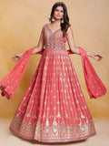 Fabulous Peach Thread Work Georgette Festival Wear Gown With Dupatta - Zeel Clothing